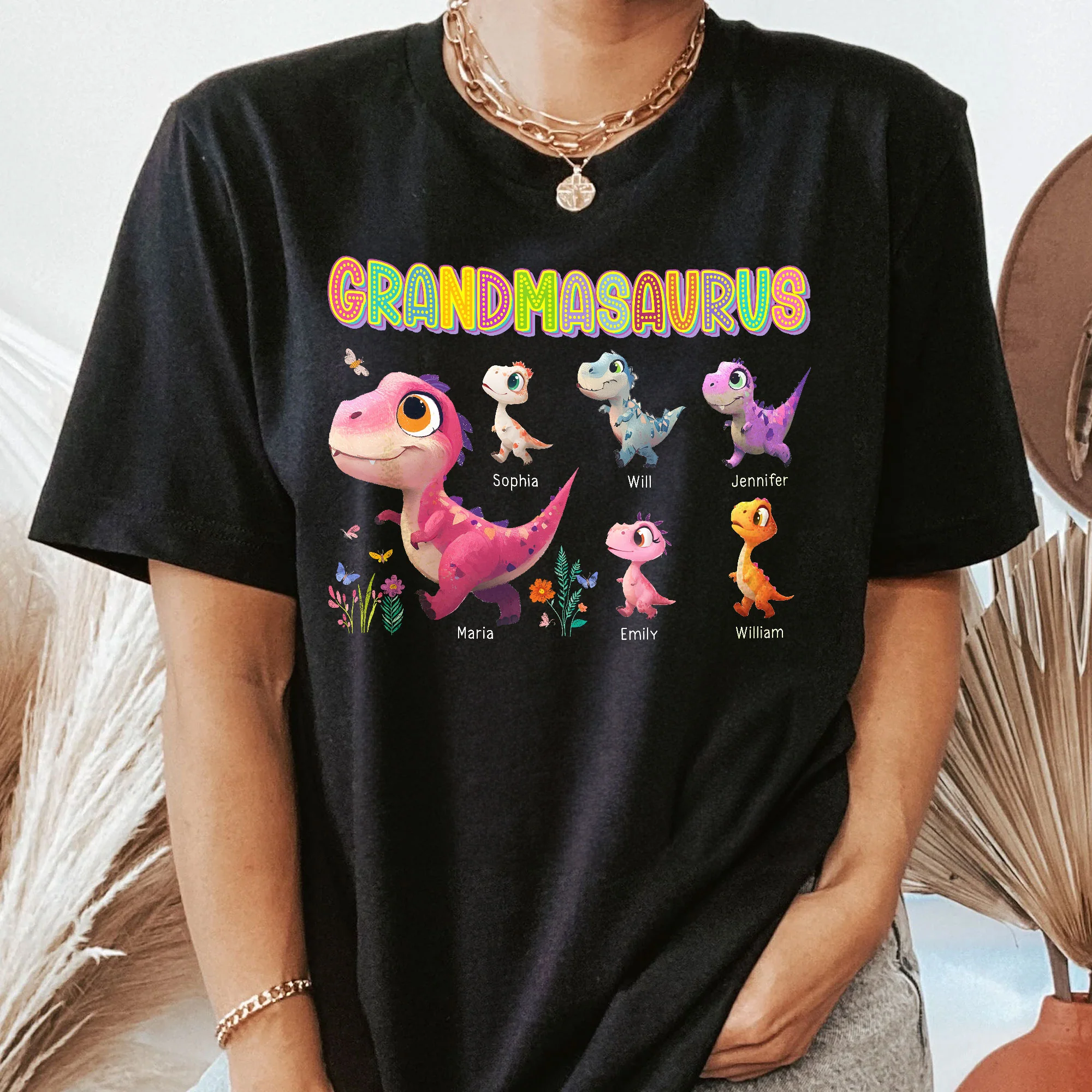 Colorful Grandmasaurus And Little Dinosaurs - Personalized Shirt - Image 2