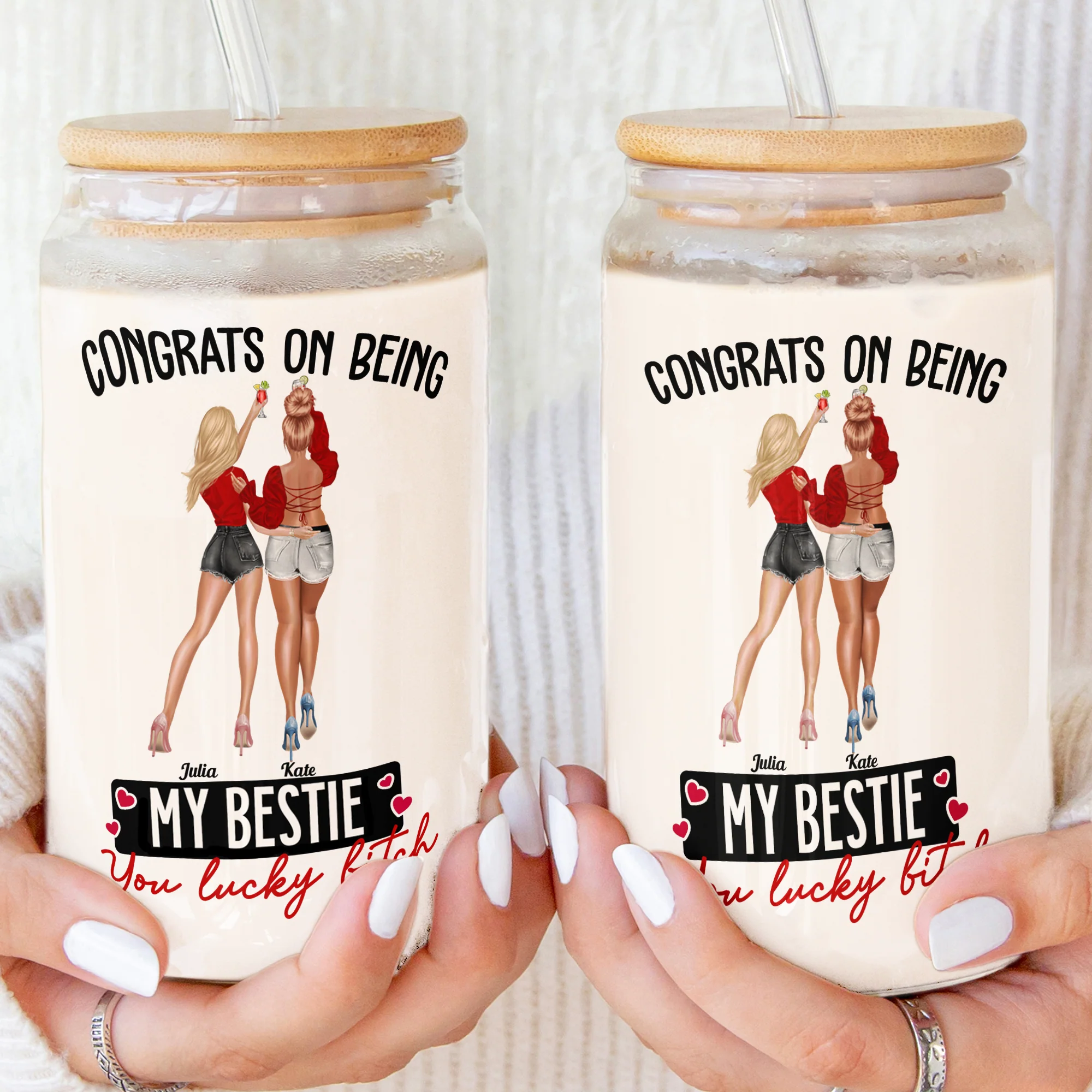 Congrats On Being My Bestie You Lucky - Personalized Clear Glass Cup - Image 2