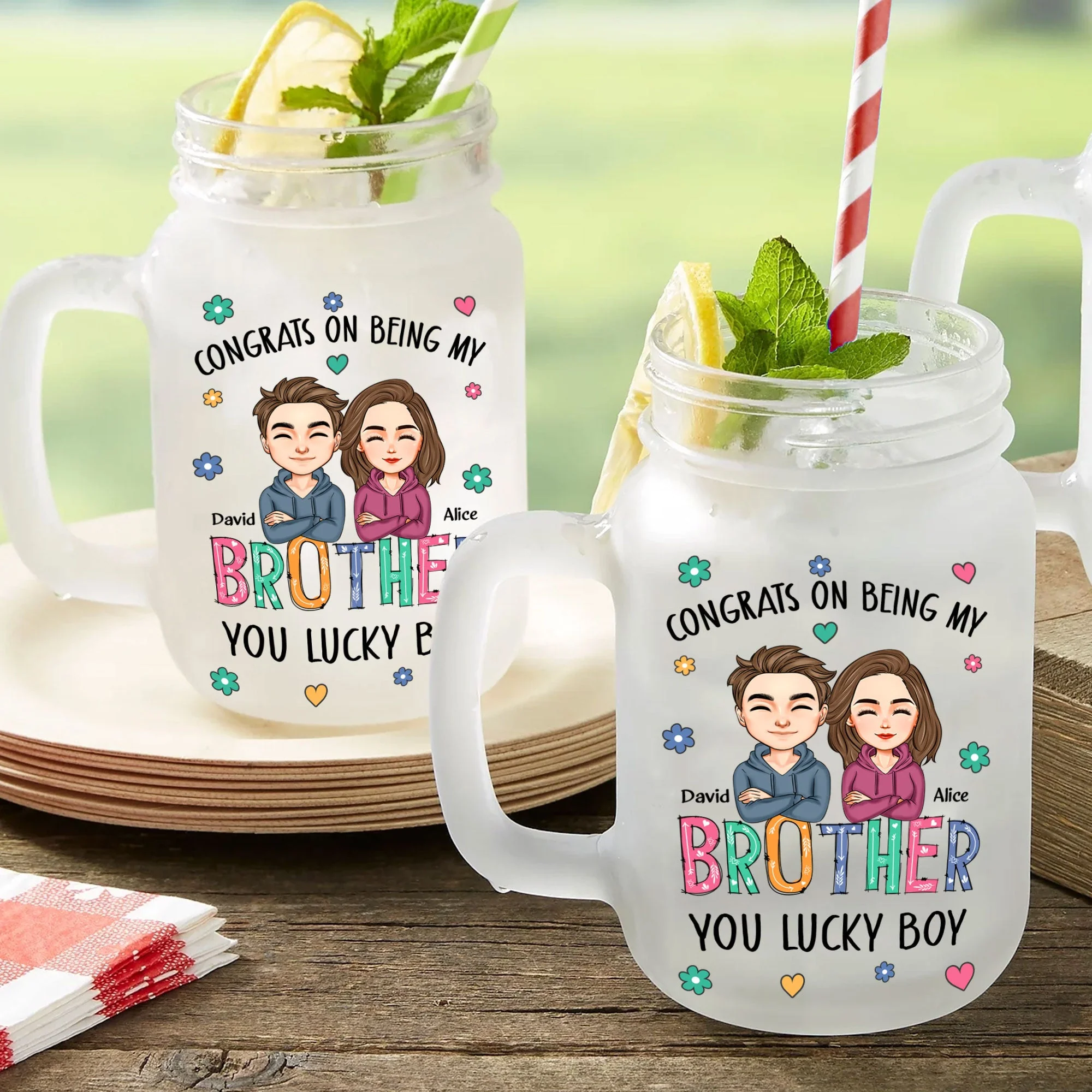 Congrats On Being My Brother- Personalized Mason Jar Cup With Straw - Image 2