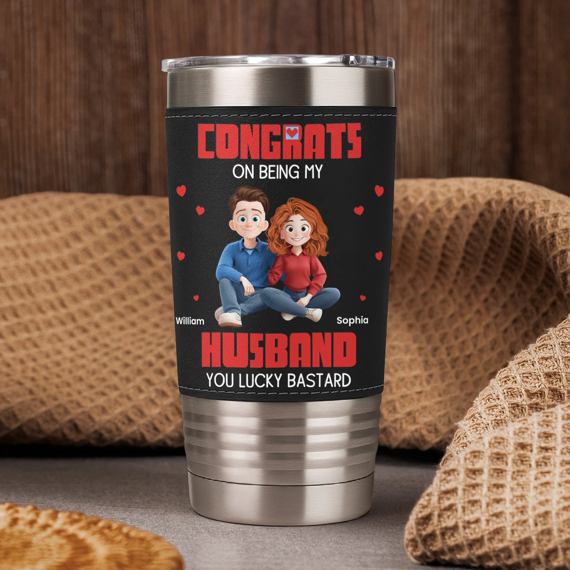 Congrats On Being My Husband You Lucky Bastard - Cartoon Version - Personalized 20oz Leather Wrapped Tumbler - Image 3