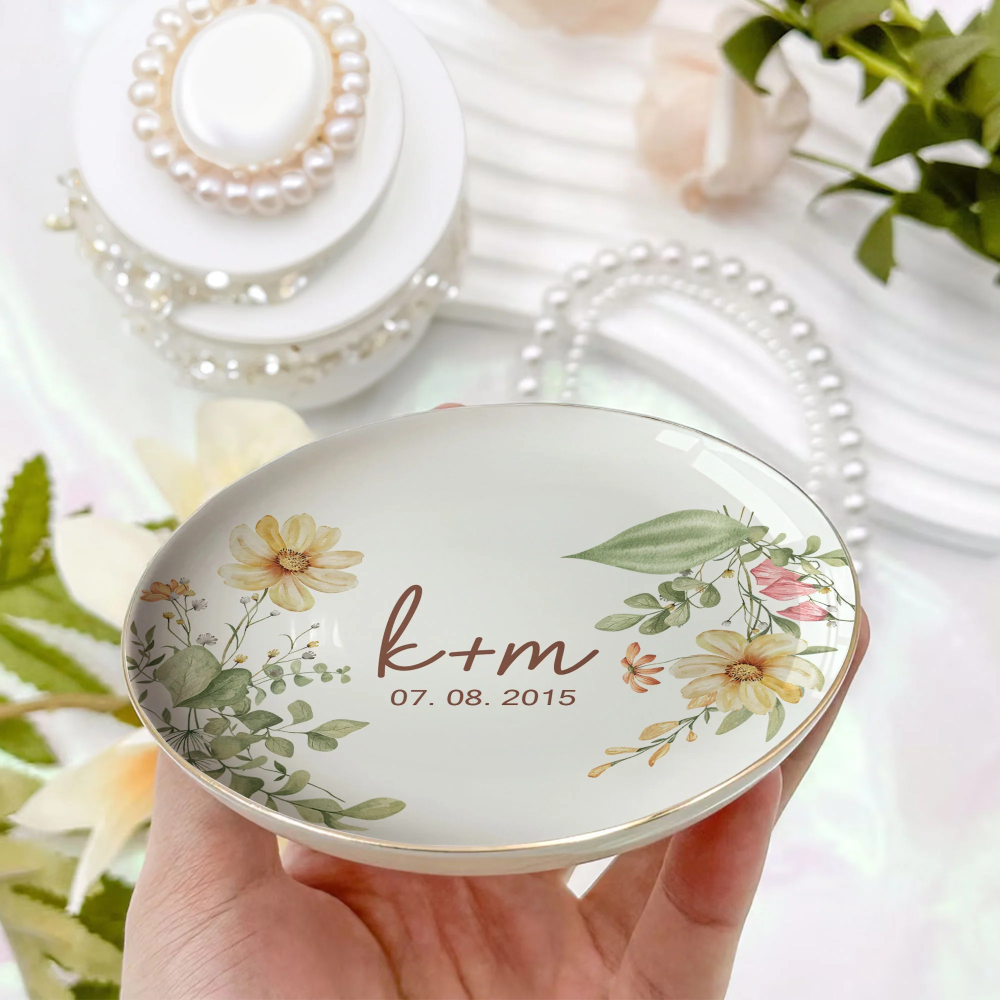 Couple Anniversary Gift Floral Style - Personalized Jewelry Dish - Image 2