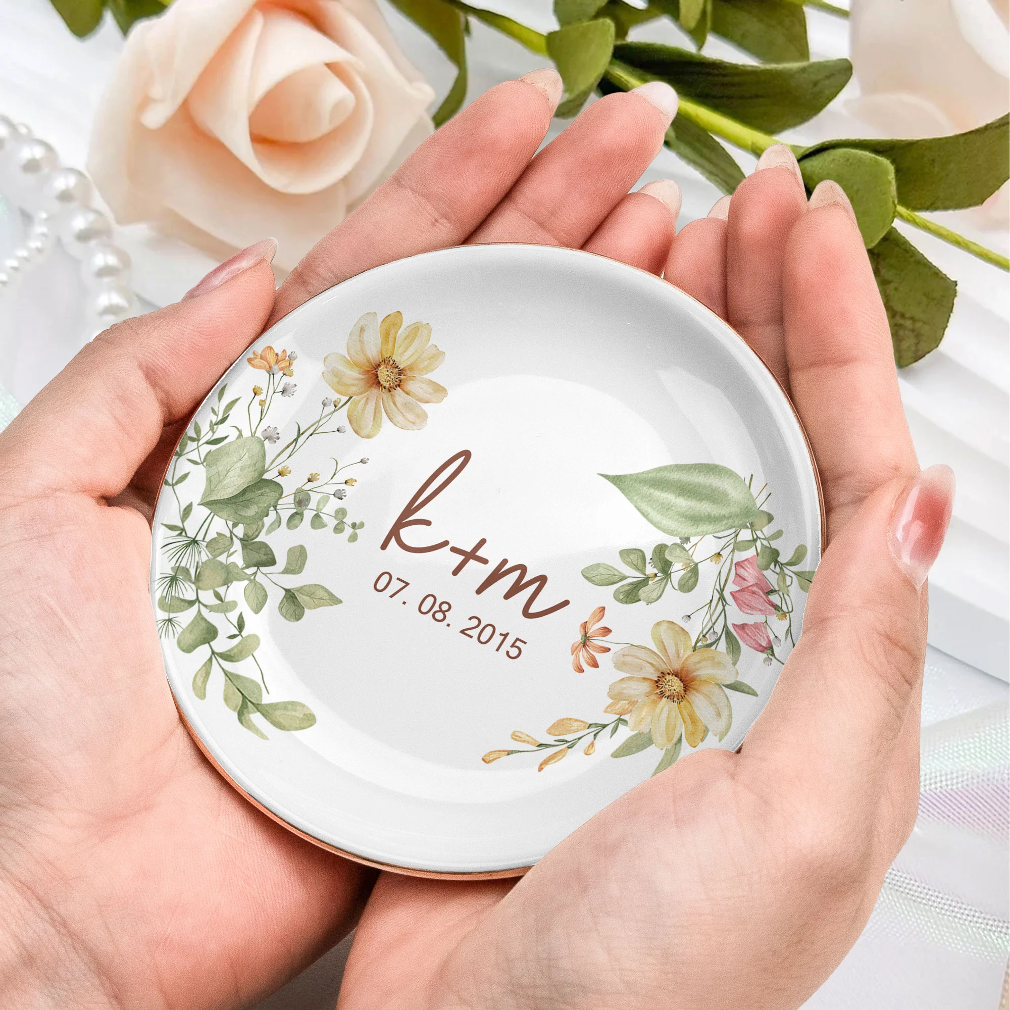 Couple Anniversary Gift Floral Style - Personalized Jewelry Dish - Image 4