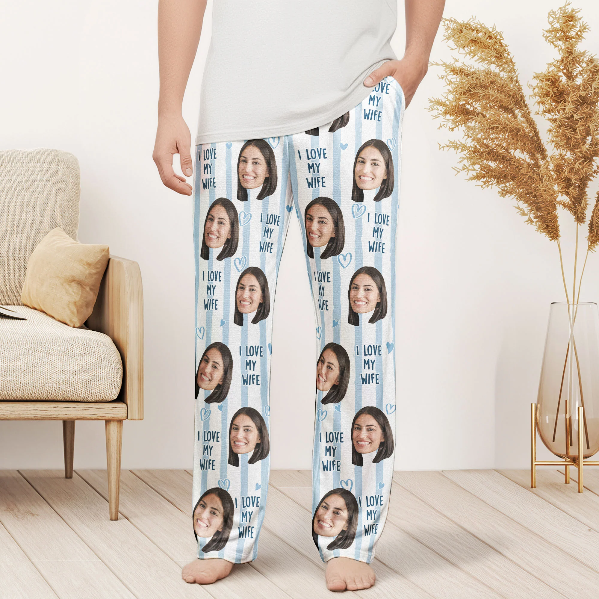 Couple Custom Photo Funny Stripe Background - Personalized Photo Sweatpants, Lounge Pants With Pockets - Image 2