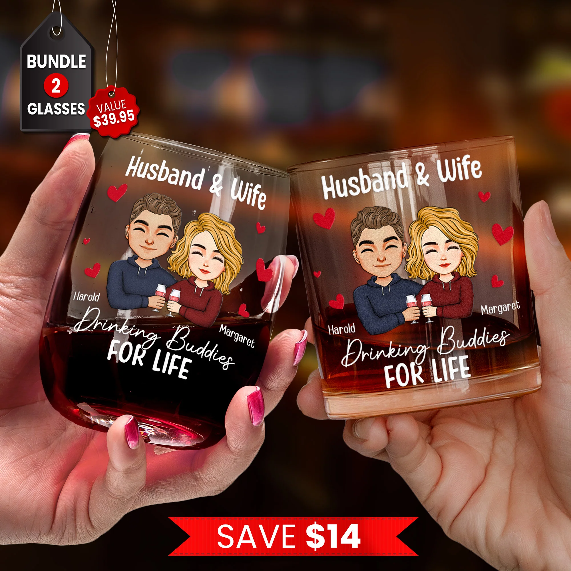 Couple Drinking Buddies For Life - Personalized Whiskey Glass And Wine Glass Set - Image 3