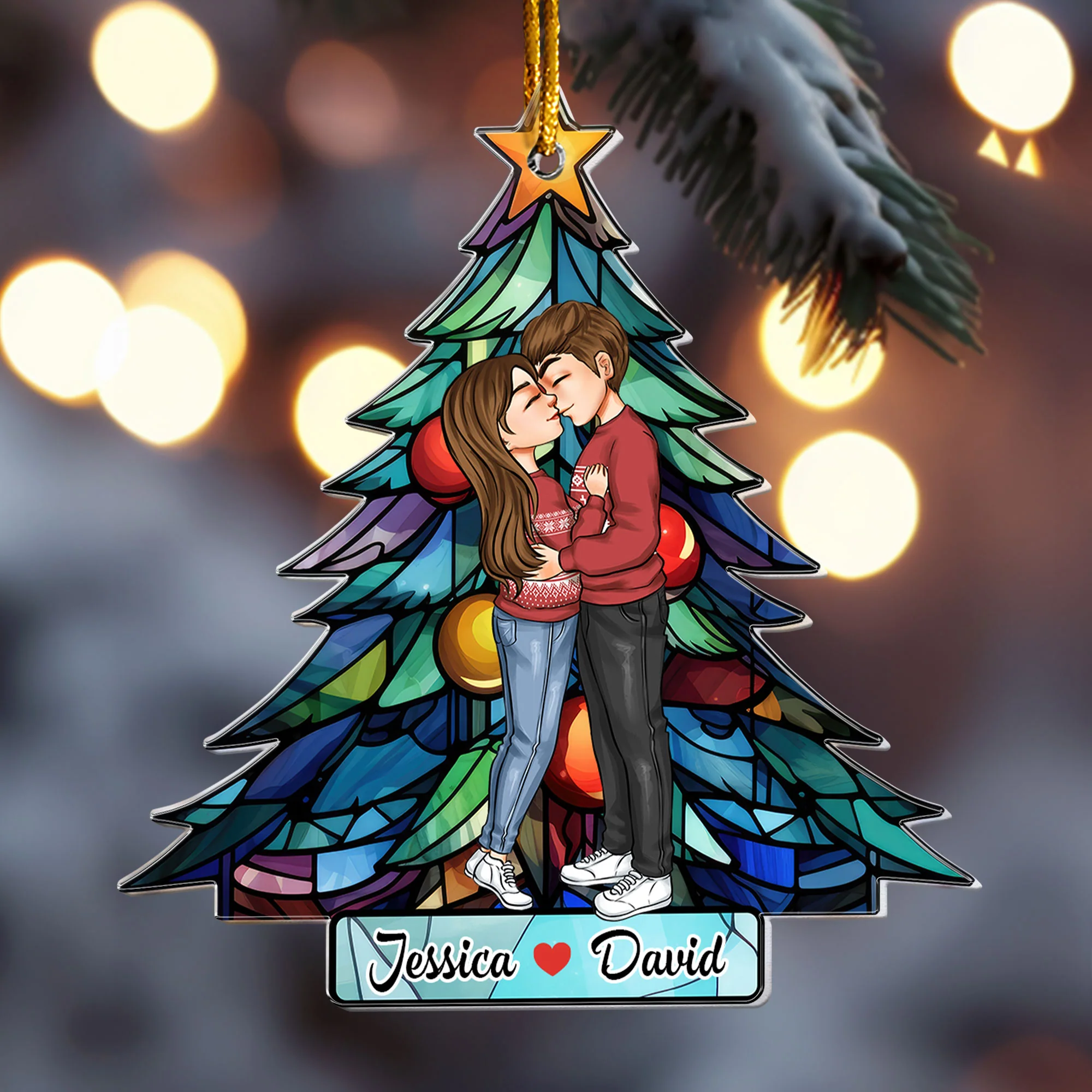 Couple Kissed Under The Christmas Tree - Personalized Acrylic Ornament - Image 3