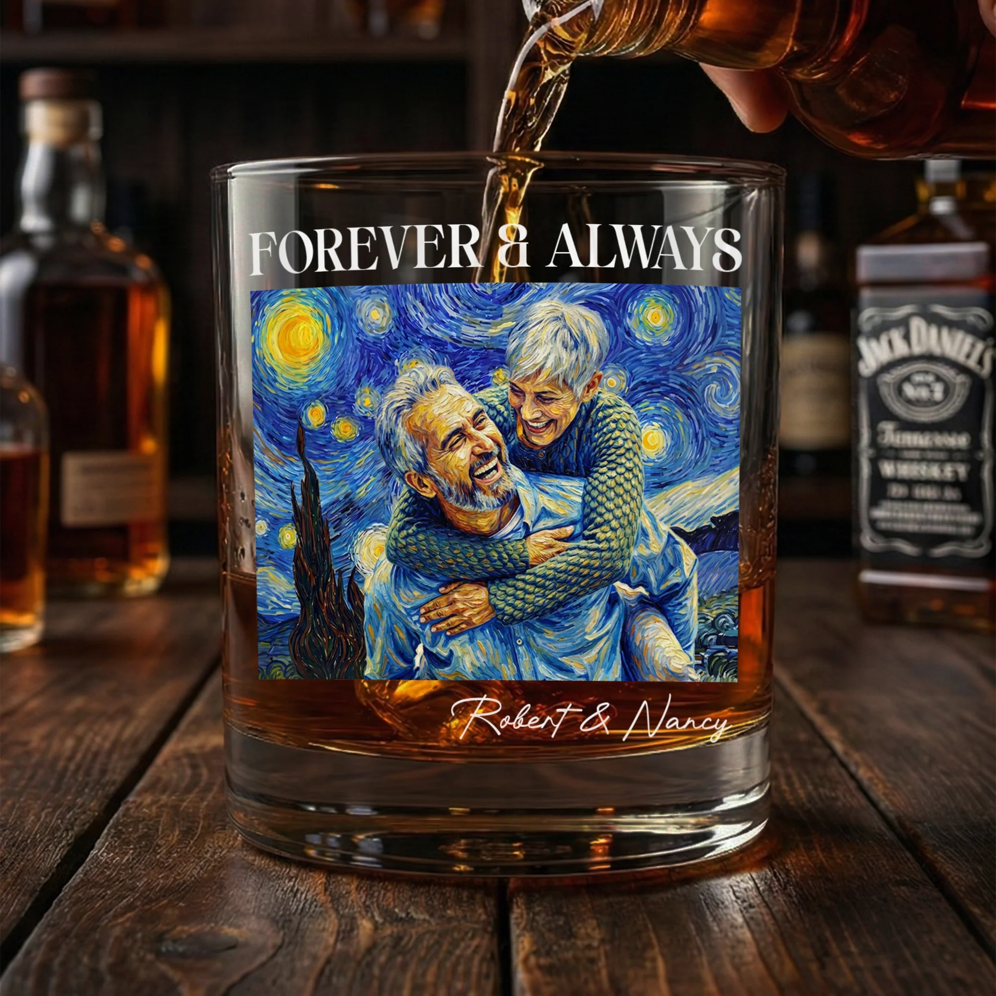 Couple Photo Van Gogh Art Forever & Always - Personalized Whiskey Glass - Image 4