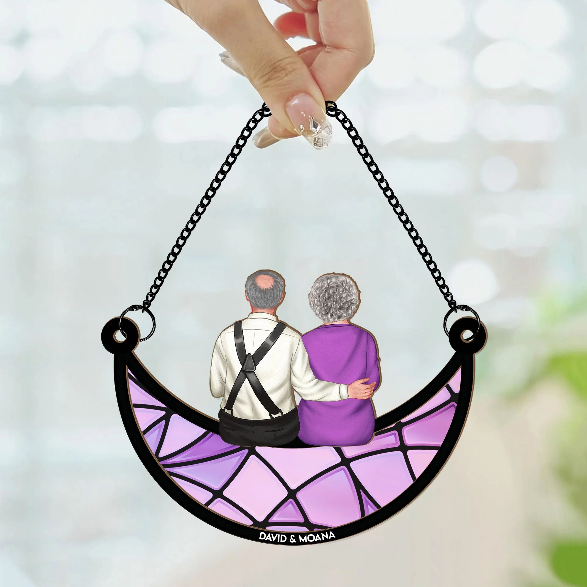 Couple Sitting On The Moon - Personalized Window Hanging Suncatcher Ornament - Image 2