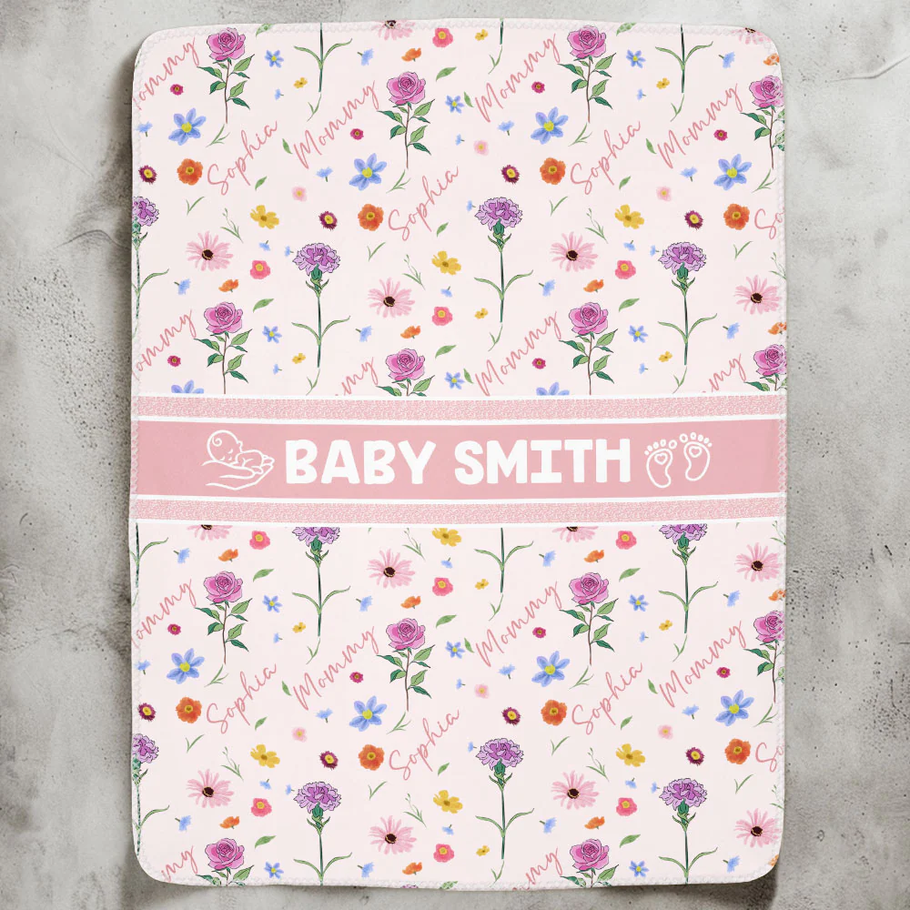 Custom Baby And Mom Name Birthday Flower - Personalized Blanket - Image 2