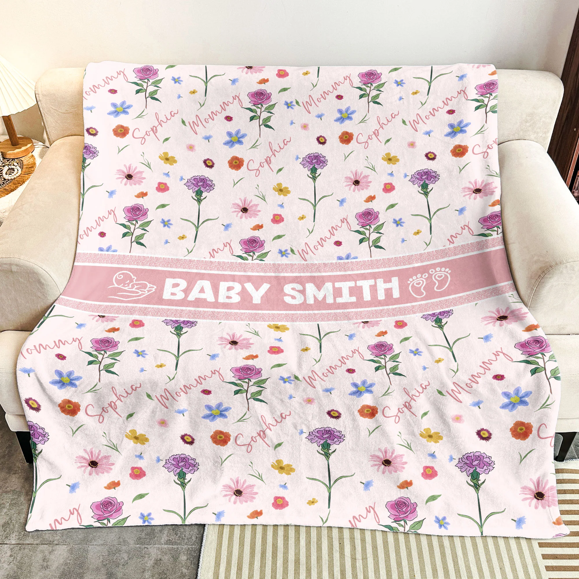 Custom Baby And Mom Name Birthday Flower - Personalized Blanket - Image 3