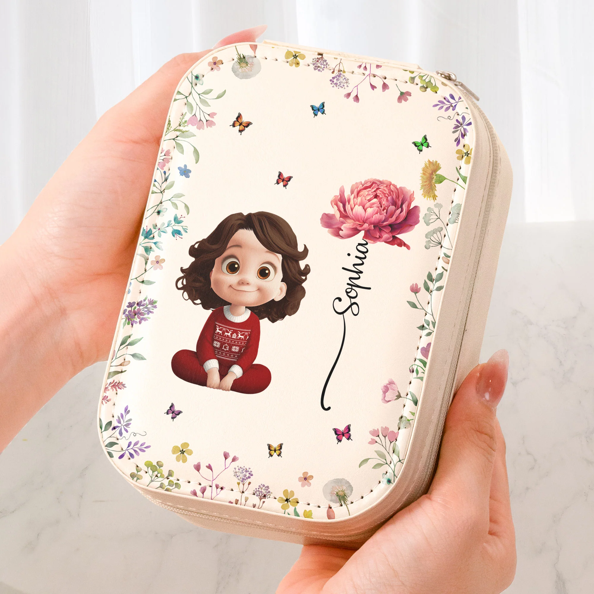 Custom Birth Flower & Cute Character For Daughter, Granddaughter, Her - Custom Makeup Box With LED Mirror - Image 2