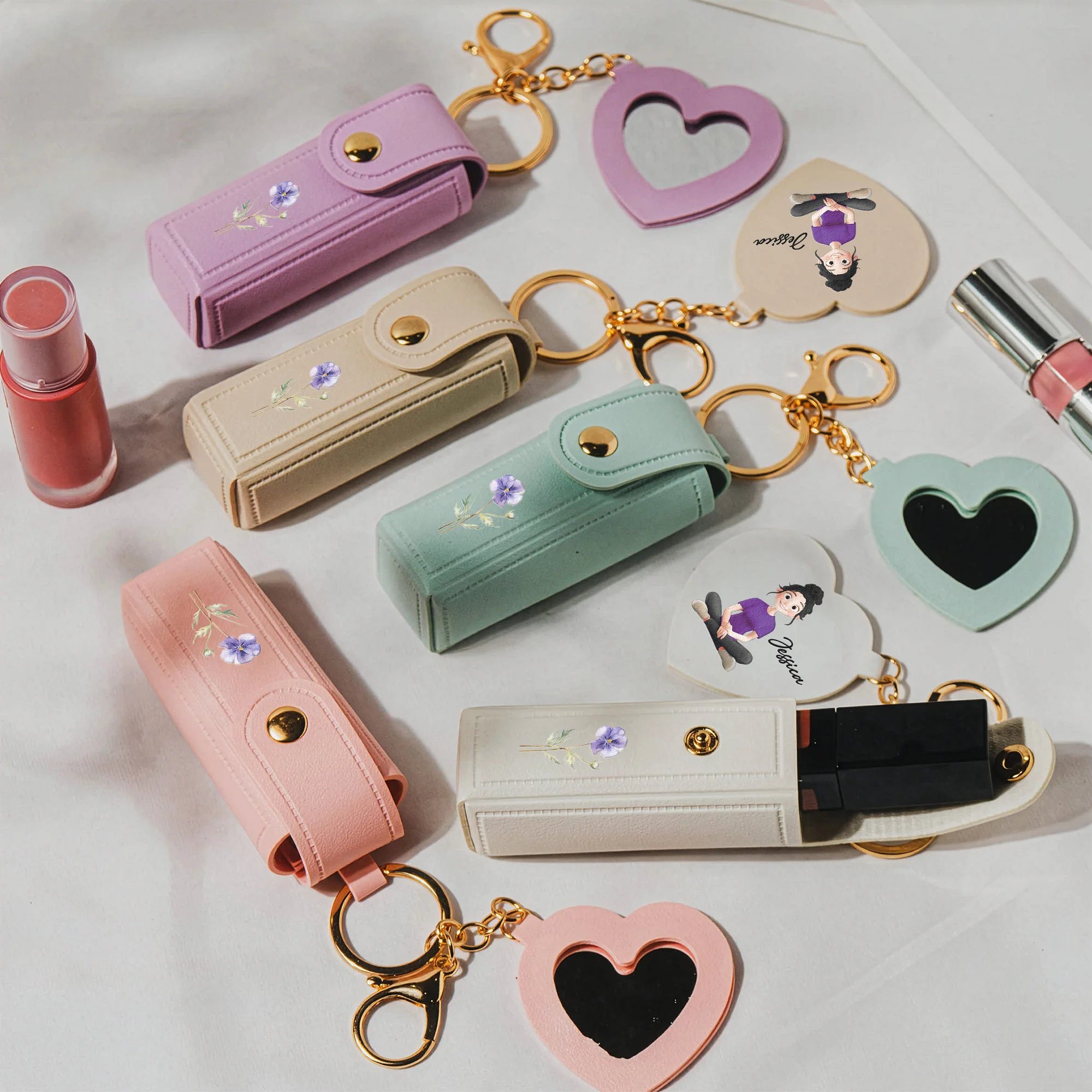 Custom Birth Flower For Her, Daughter, Wife Light Ver - Personalized Leather Lipstick Case With Mirror Keychain - Image 2