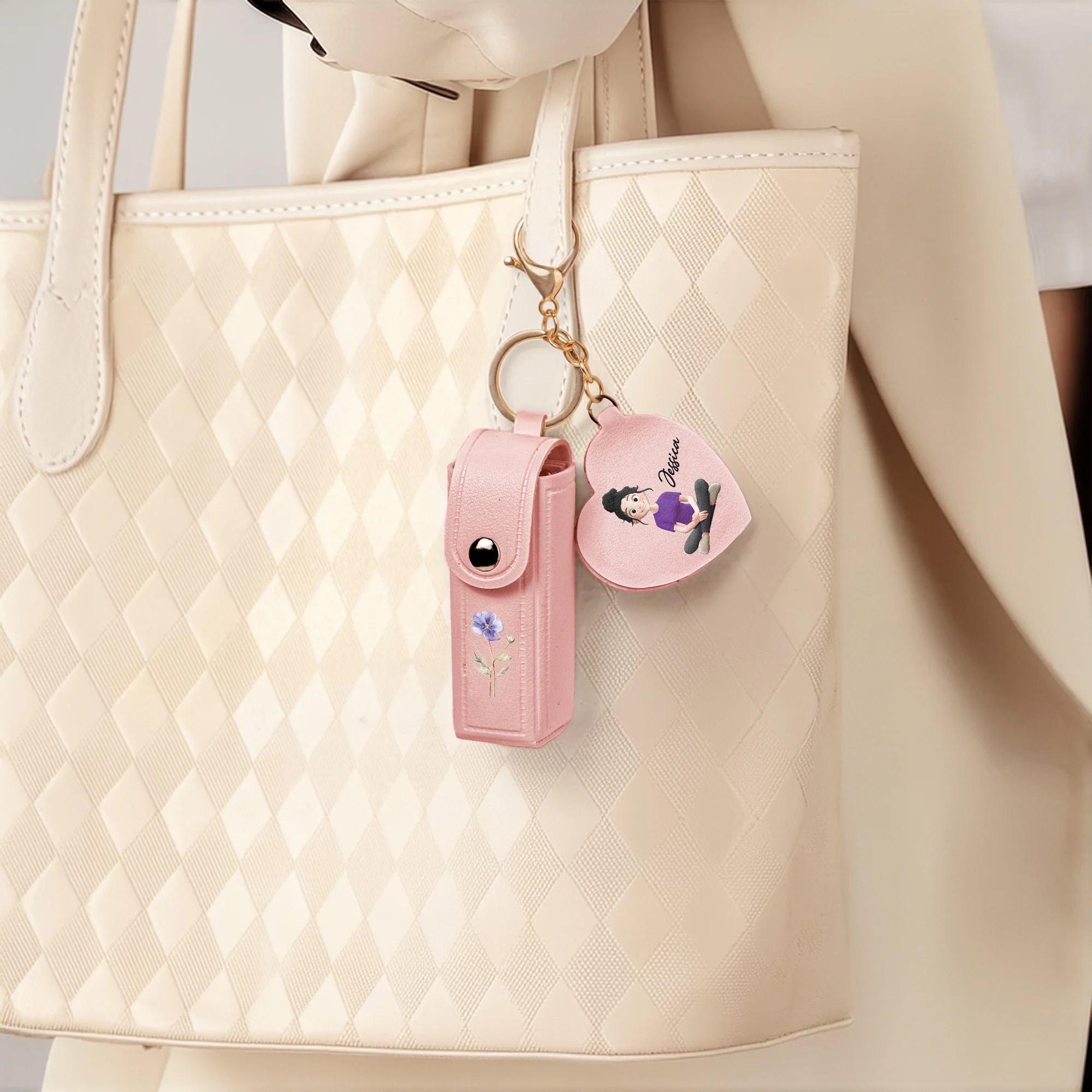 Custom Birth Flower For Her, Daughter, Wife Light Ver - Personalized Leather Lipstick Case With Mirror Keychain - Image 6