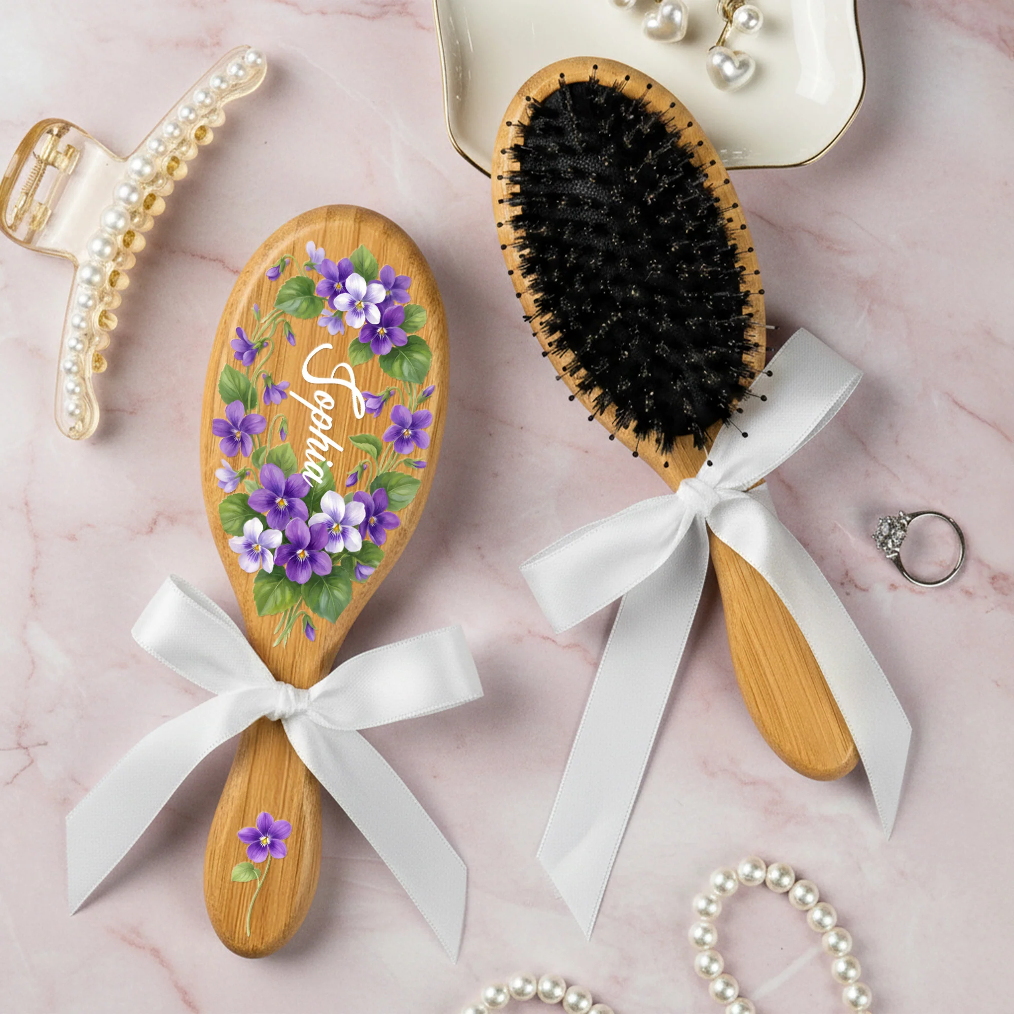 Custom Birth Flower & Name For Her, Daughter, Sister, Thank You Gift - Personalized Hair Brush - Image 3