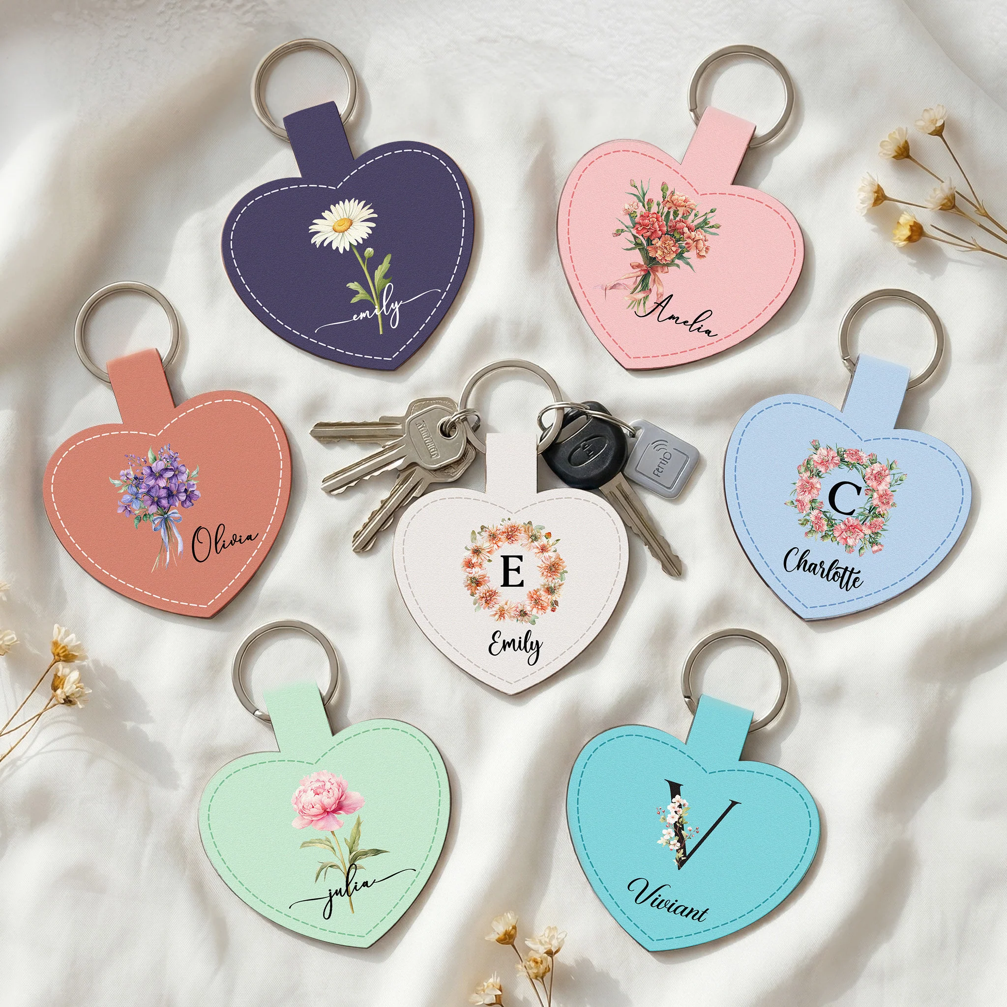 Custom Birth Flower & Name For Her, Wife, Daughter, Sister, Coworker, Friends - Personalized Keychain