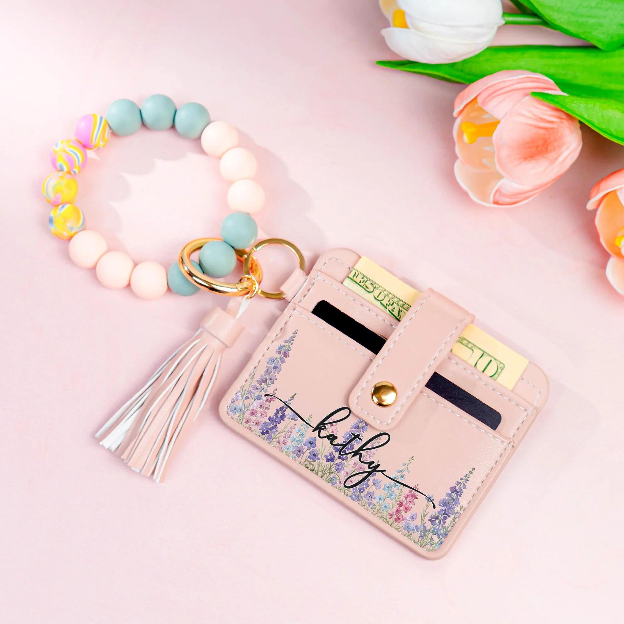 Custom Birth Flower & Name For Her, Wife, Daughter, Sister - Personalized Keychain Wristlet Leather Wallet - Image 2
