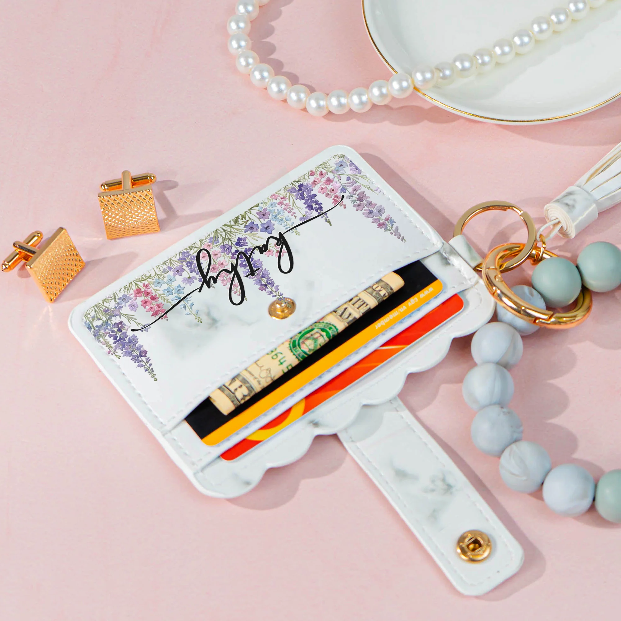 Custom Birth Flower & Name For Her, Wife, Daughter, Sister - Personalized Keychain Wristlet Leather Wallet - Image 5