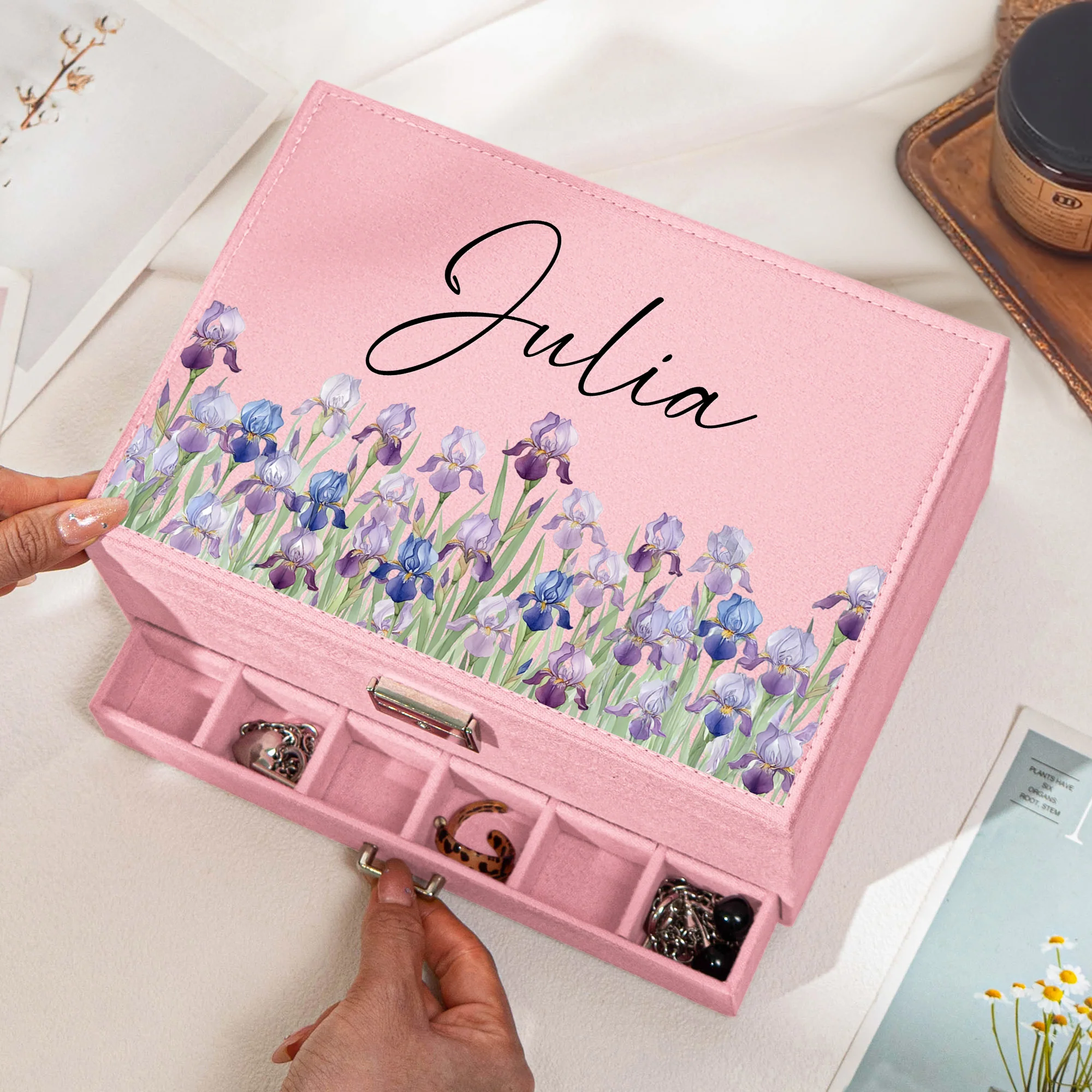 Custom Birth Flower & Name For Her, Wife, Daughter, Sister - Personalized Large Jewelry Box - Image 2