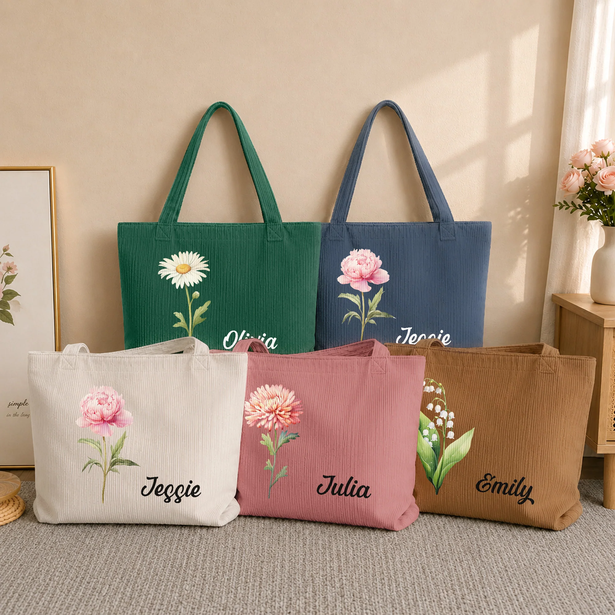 Custom Birth Flower & Name Gift For Her - Personalized Tote Bag - Image 2
