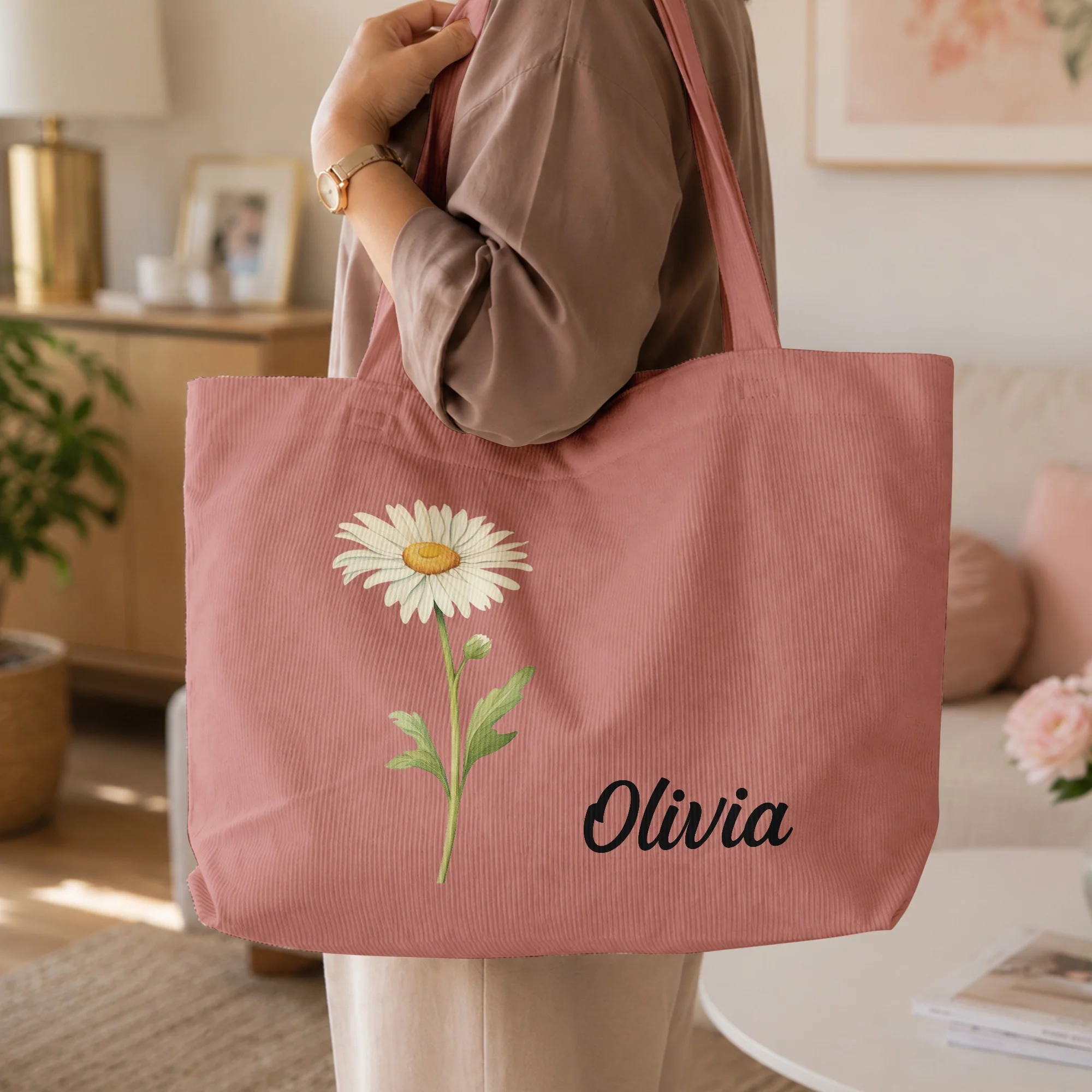 Custom Birth Flower & Name Gift For Her - Personalized Tote Bag - Image 3