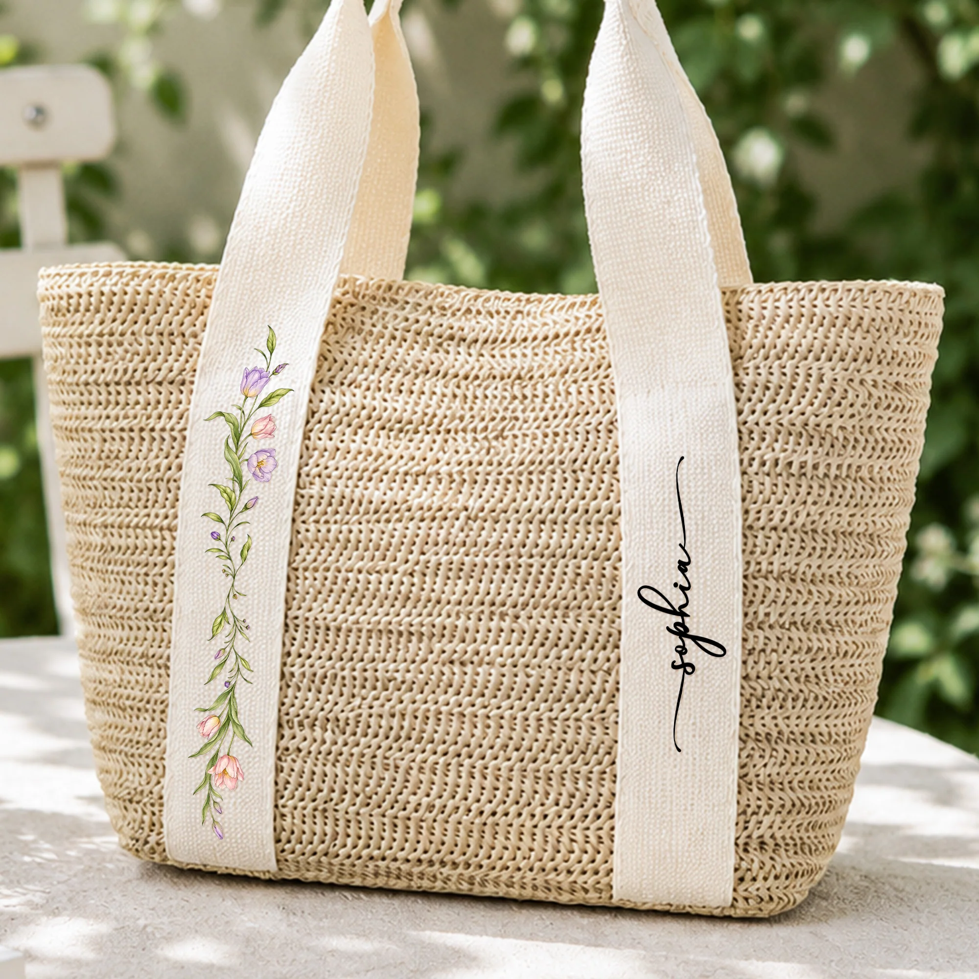 Custom Birth Flower & Name - Gifts For Her, Daughter, Friends, Wife, Summer Bestie Trip - Personalized Straw Bag - Image 2