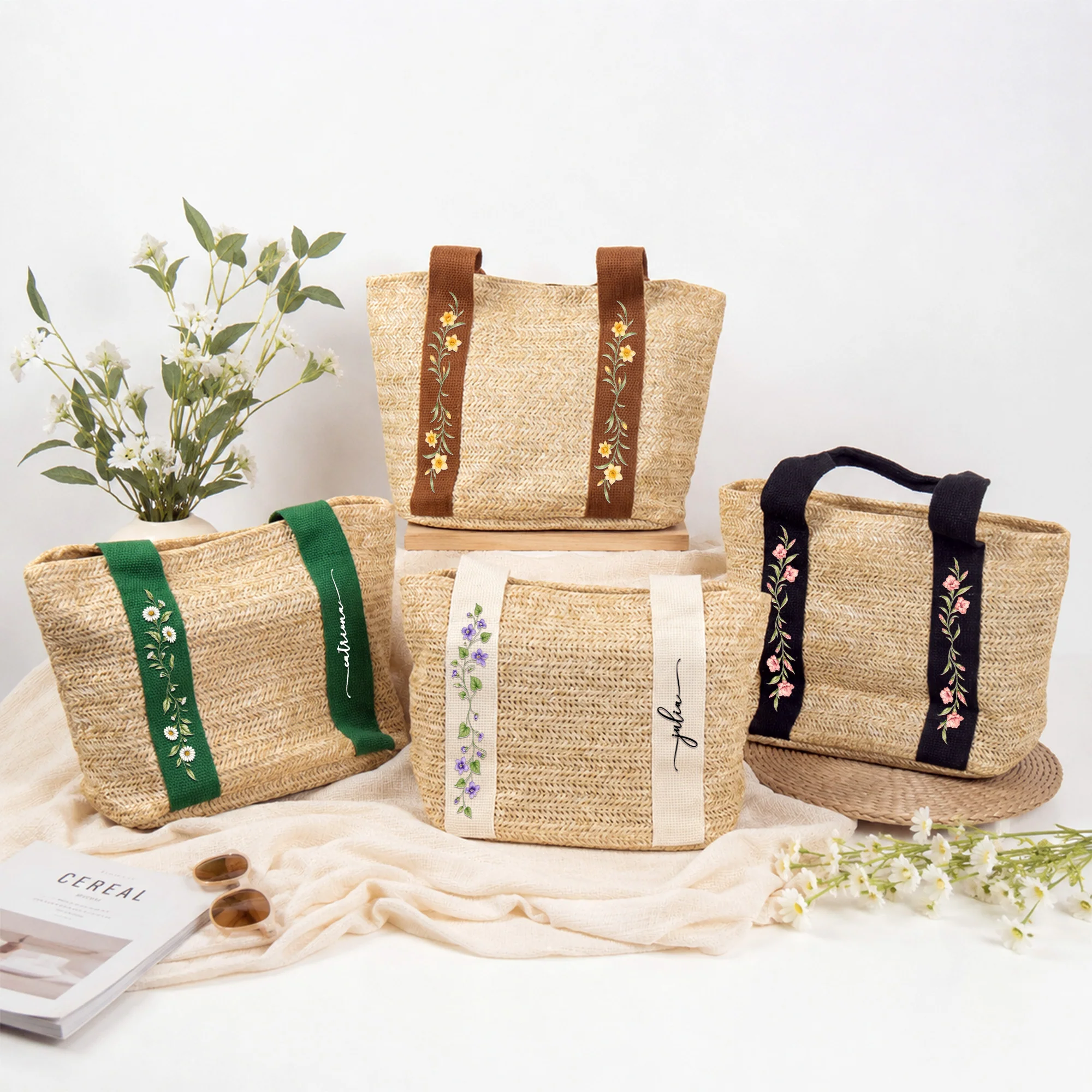 Custom Birth Flower & Name - Gifts For Her, Daughter, Friends, Wife, Summer Bestie Trip - Personalized Straw Bag - Image 3