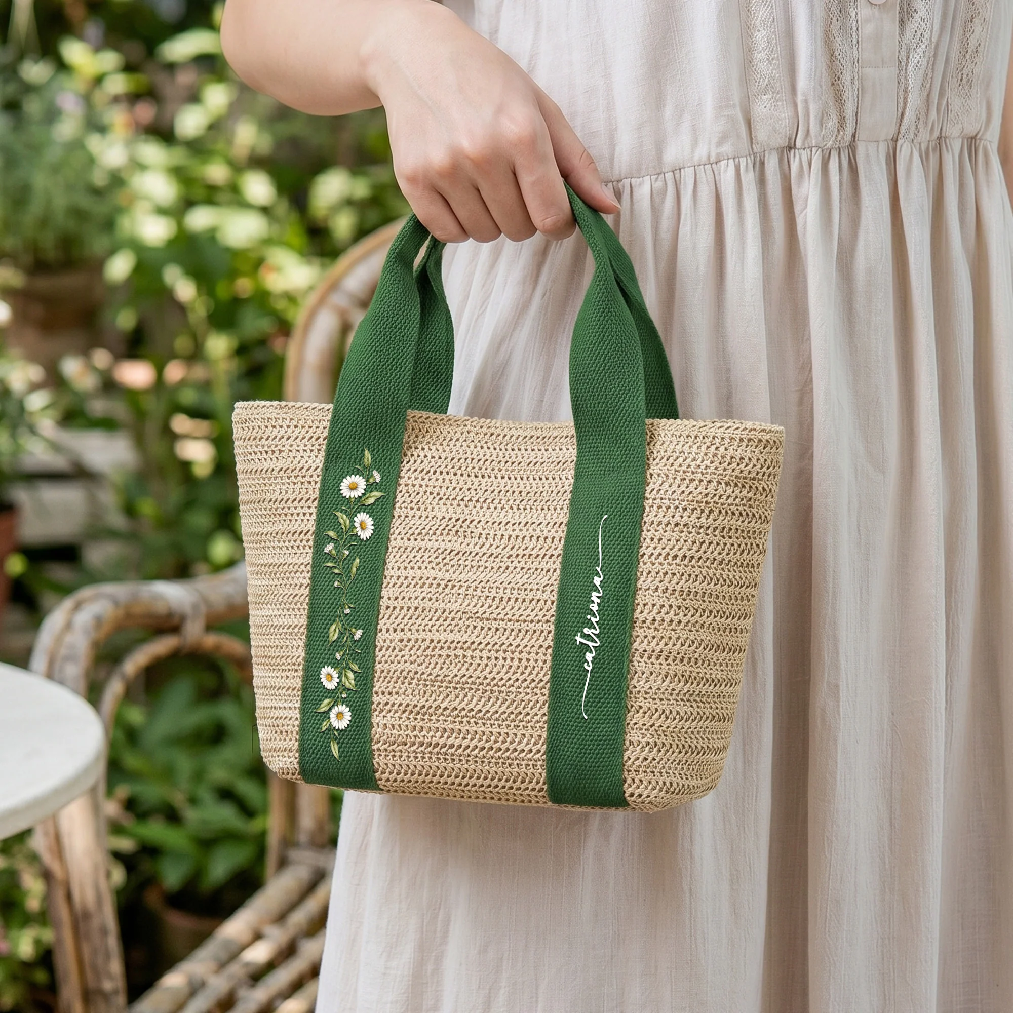 Custom Birth Flower & Name - Gifts For Her, Daughter, Friends, Wife, Summer Bestie Trip - Personalized Straw Bag - Image 4