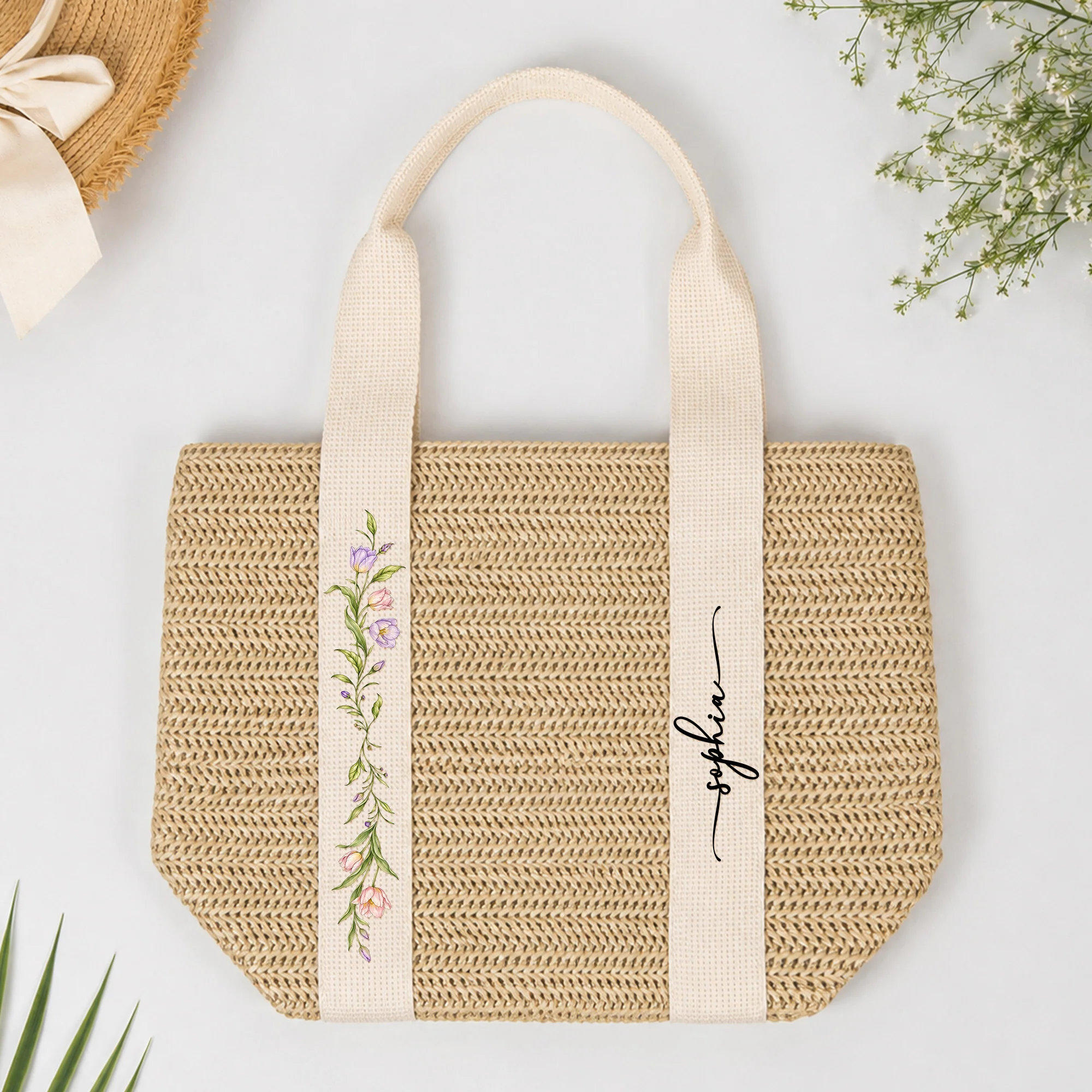 Custom Birth Flower & Name - Gifts For Her, Daughter, Friends, Wife, Summer Bestie Trip - Personalized Straw Bag - Image 5