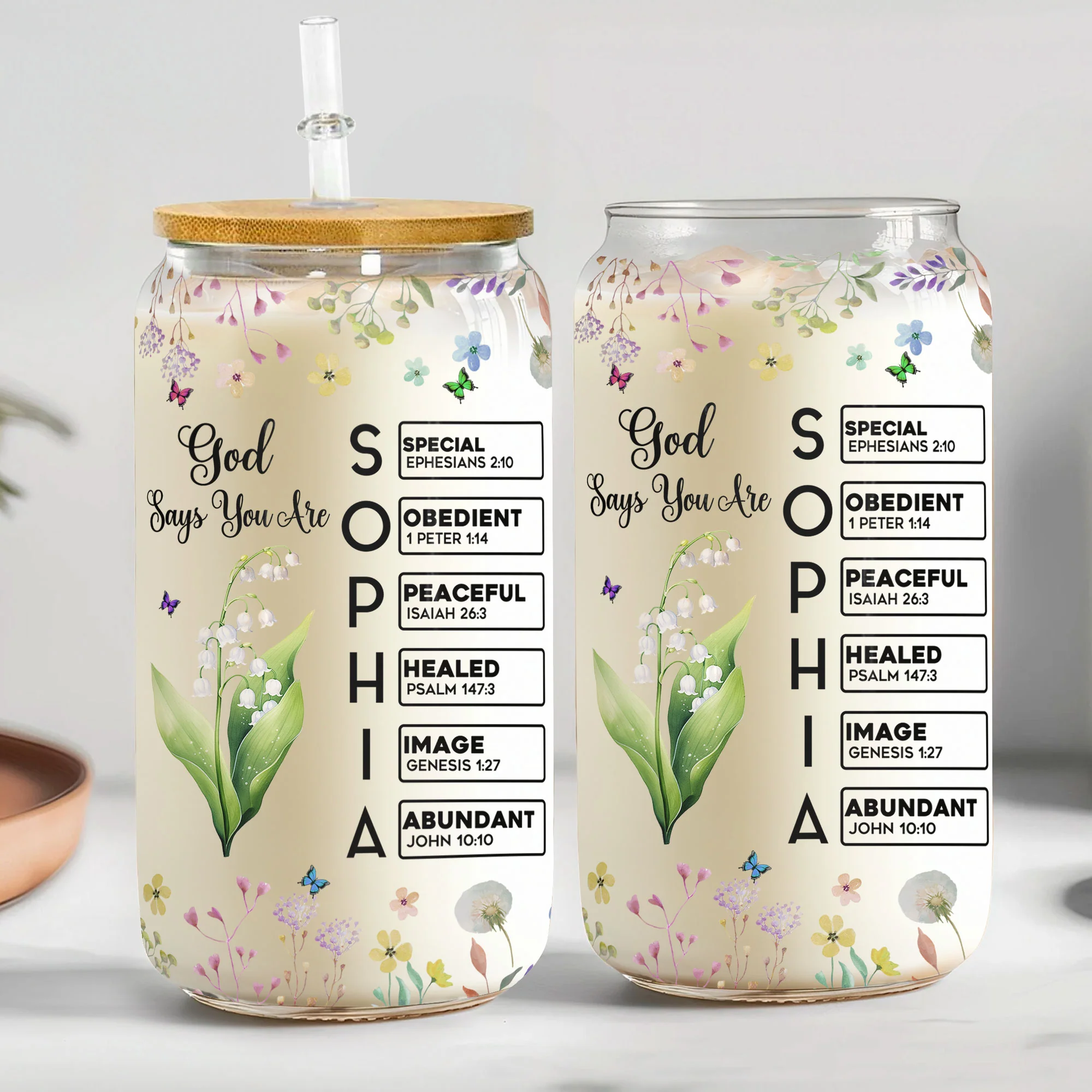 Custom Birth Flower & Name In Bible Verses Gifts For Her - Personalized Clear Glass Cup - Image 2