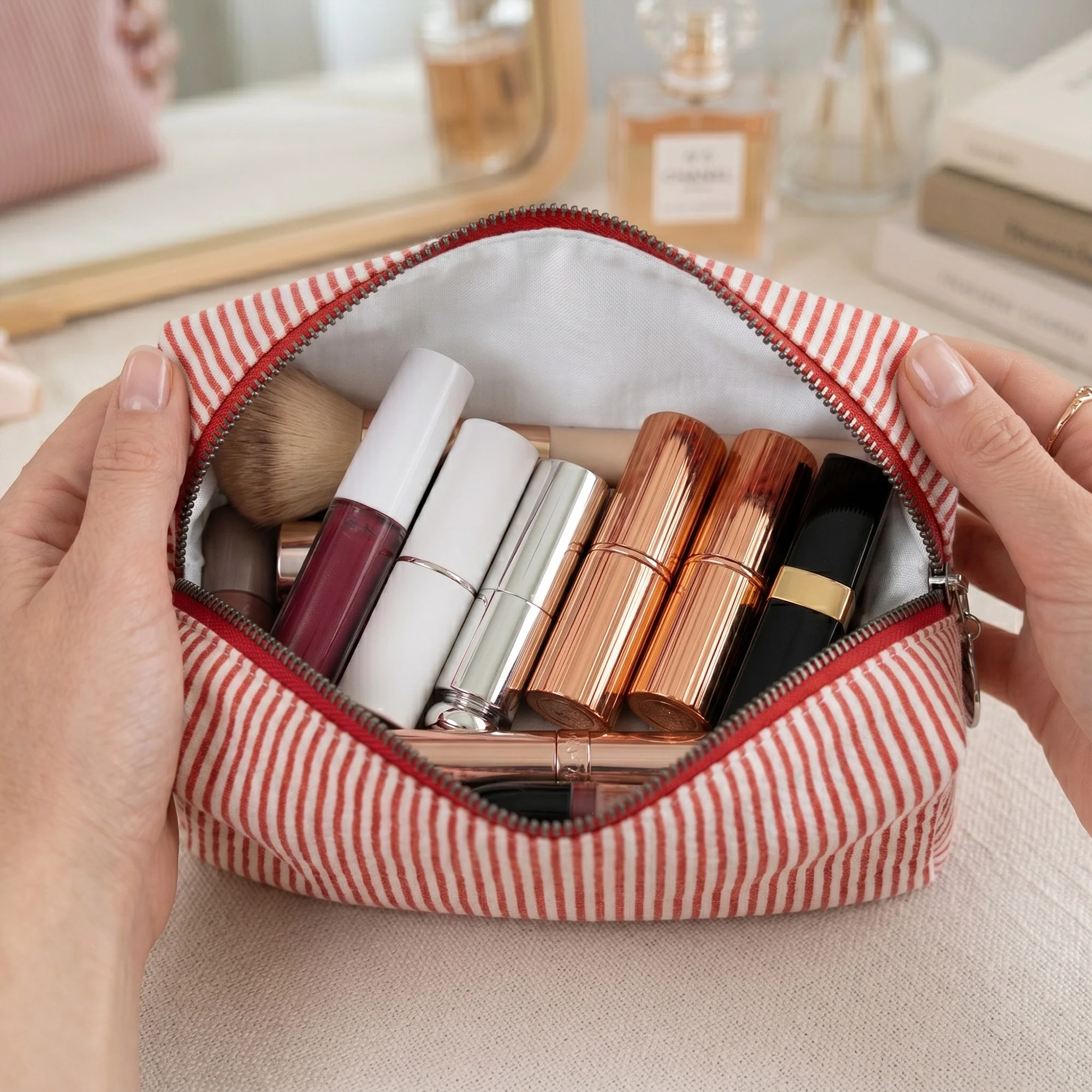 Custom Birth Flower & Name Striped Pattern - Personalized Makeup Bag - Image 5