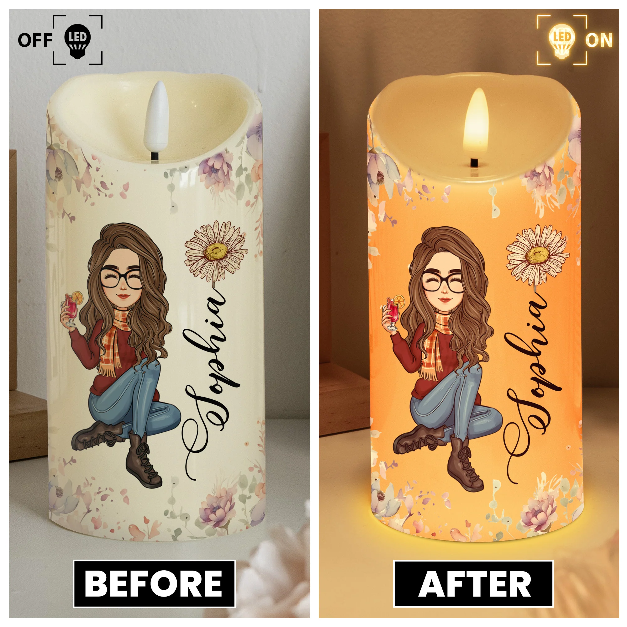 Custom Birth Flower & Names - Gifts For Daughter, Son, Grandkid - Personalized LED Candle - Image 6