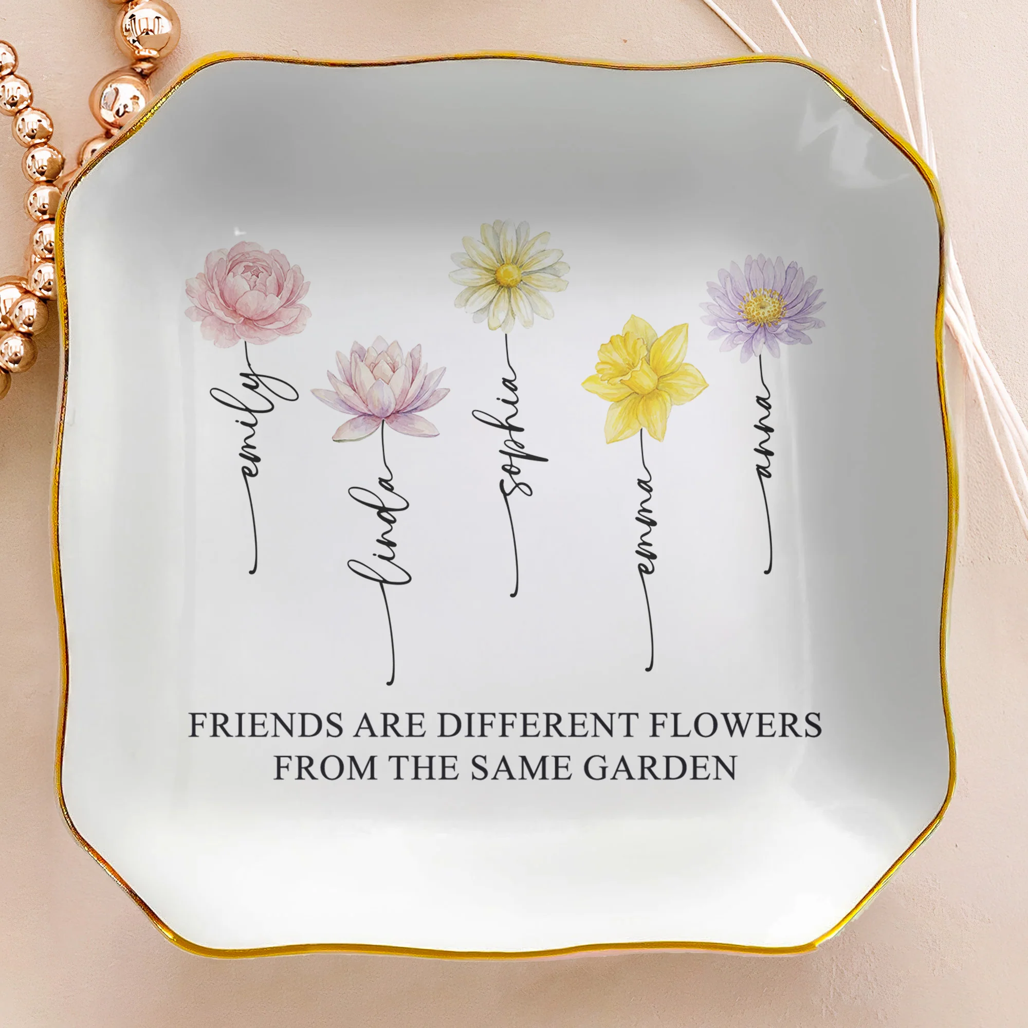 Custom Birth Flower Trinket Tray For Friends, Soul Sisters - Personalized Jewelry Dish - Image 3