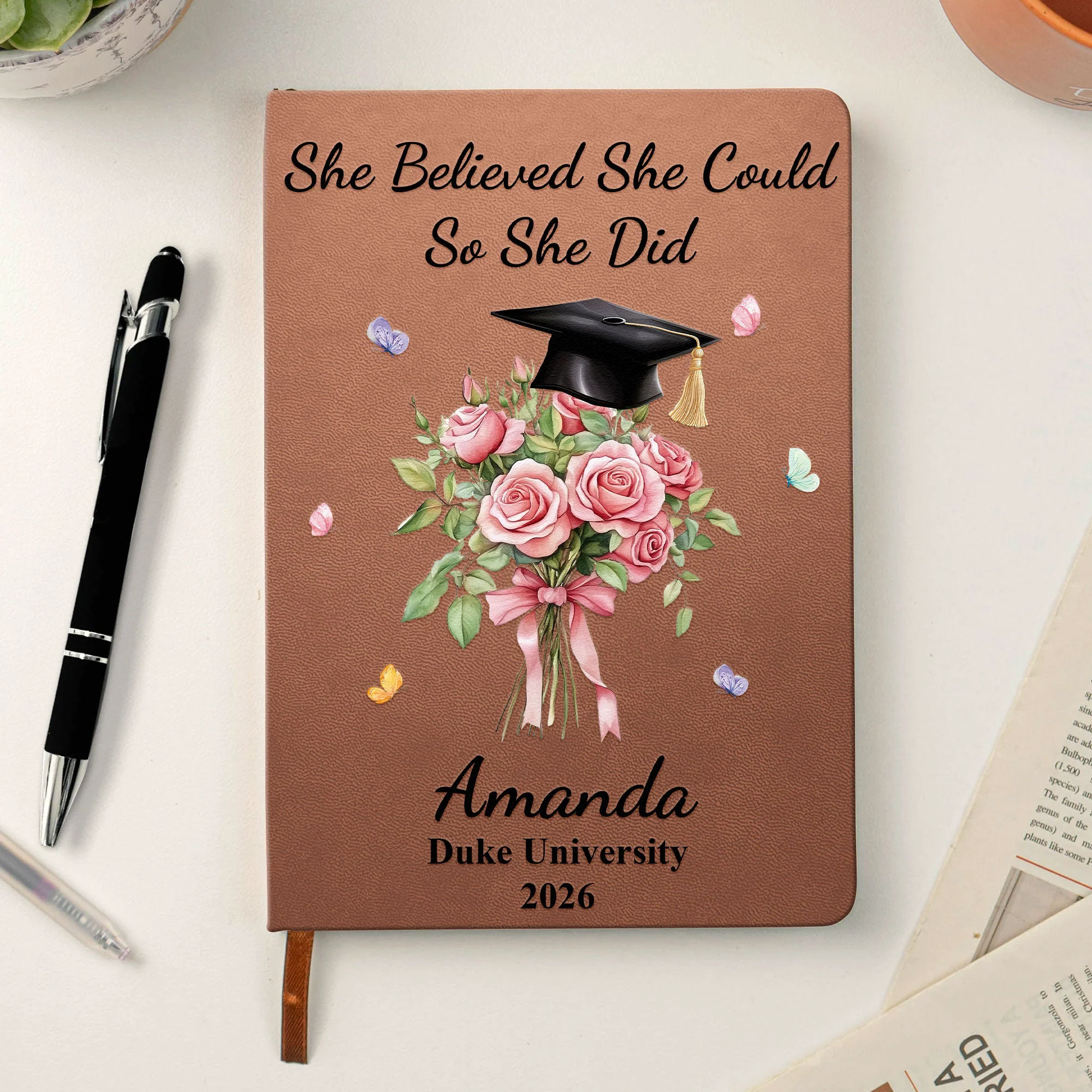 Custom Birth Month Flower Graduation - Personalized Leather Journal