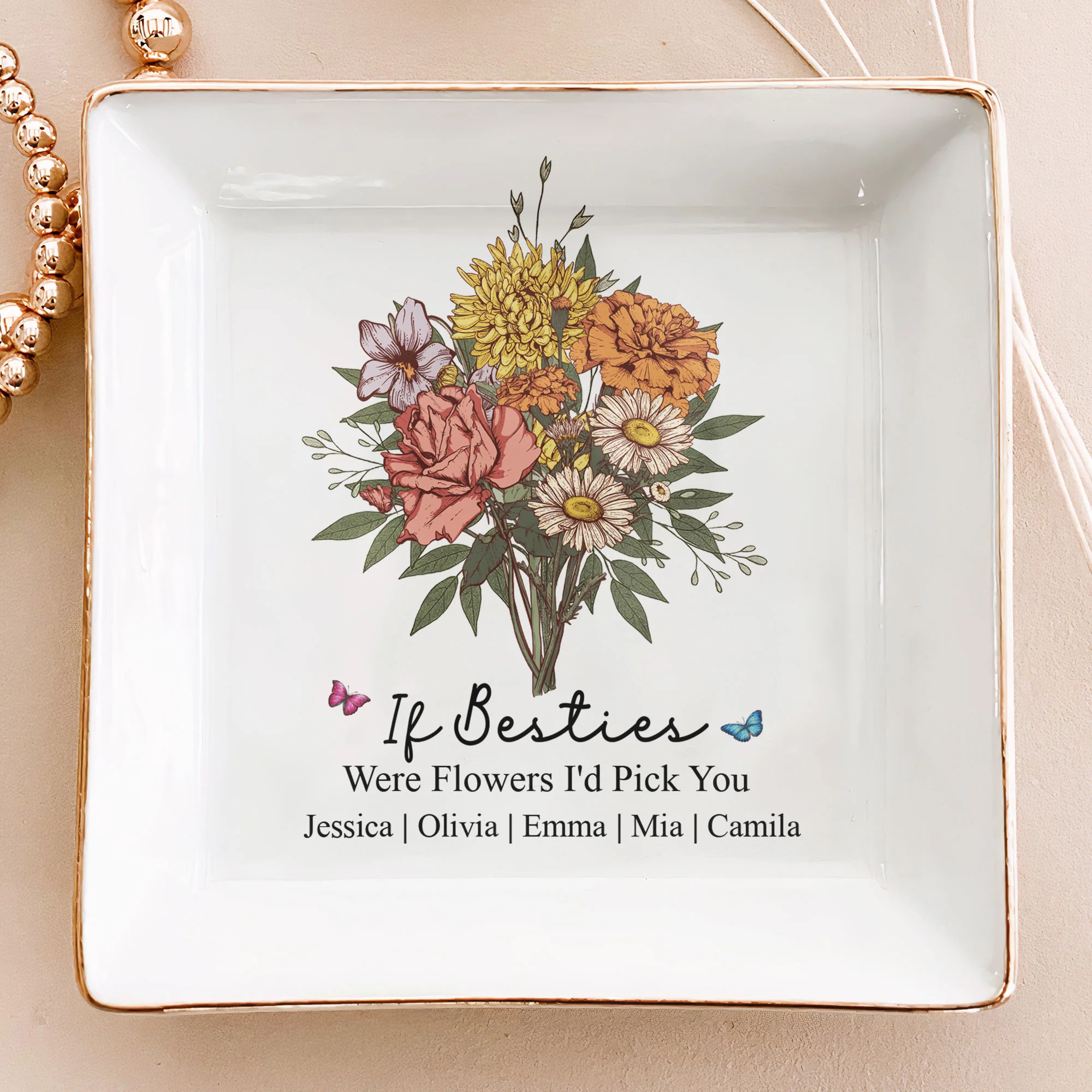 Custom Boho Birth Flowers Sisterhood, Friendship Bouquet Gifts For Sisters, Friends, Besties - Personalized Jewelry Dish - Image 3
