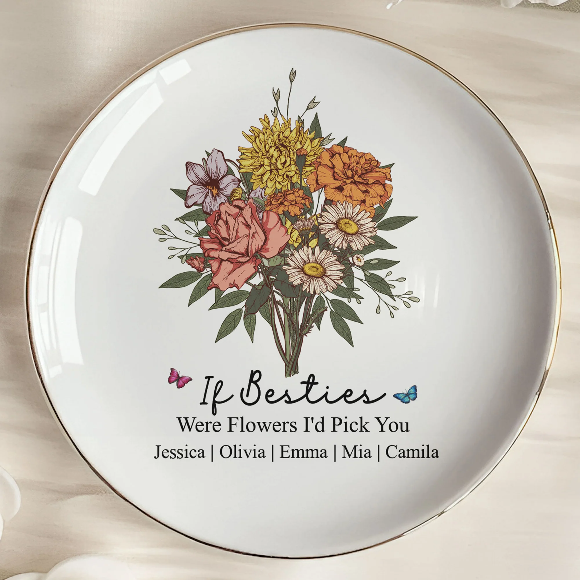 Custom Boho Birth Flowers Sisterhood, Friendship Bouquet Gifts For Sisters, Friends, Besties - Personalized Jewelry Dish - Image 4