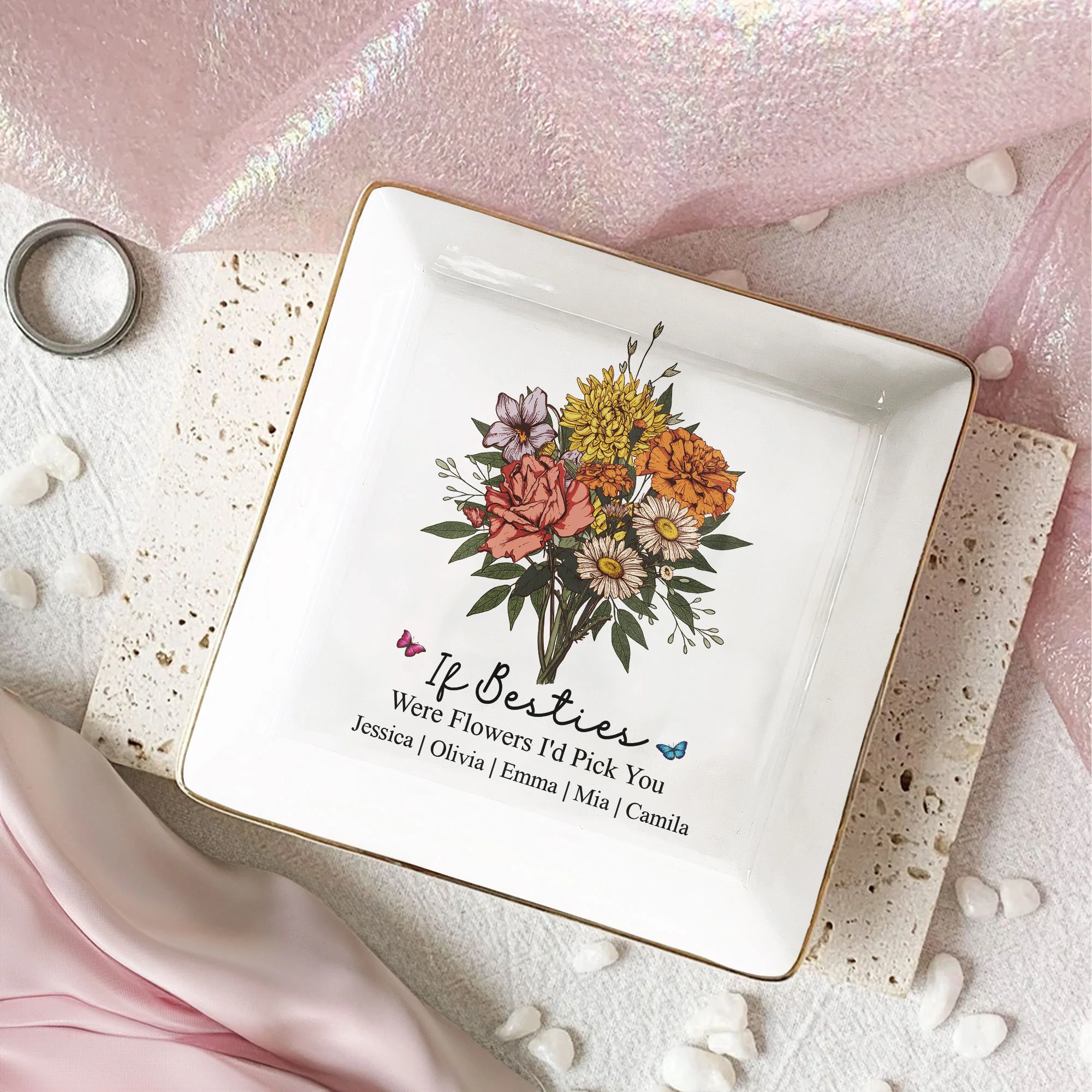 Custom Boho Birth Flowers Sisterhood, Friendship Bouquet Gifts For Sisters, Friends, Besties - Personalized Jewelry Dish - Image 6