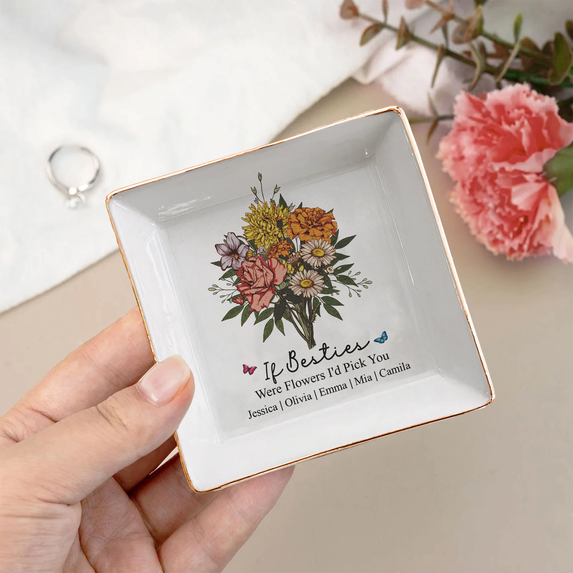 Custom Boho Birth Flowers Sisterhood, Friendship Bouquet Gifts For Sisters, Friends, Besties - Personalized Jewelry Dish - Image 7