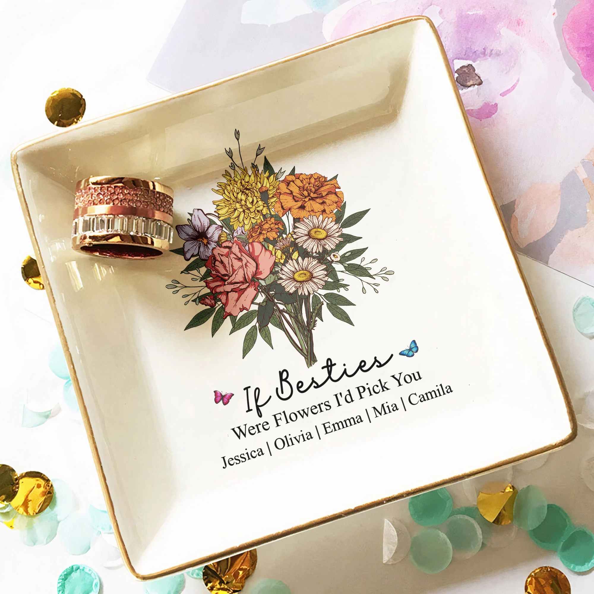 Custom Boho Birth Flowers Sisterhood, Friendship Bouquet Gifts For Sisters, Friends, Besties - Personalized Jewelry Dish - Image 8