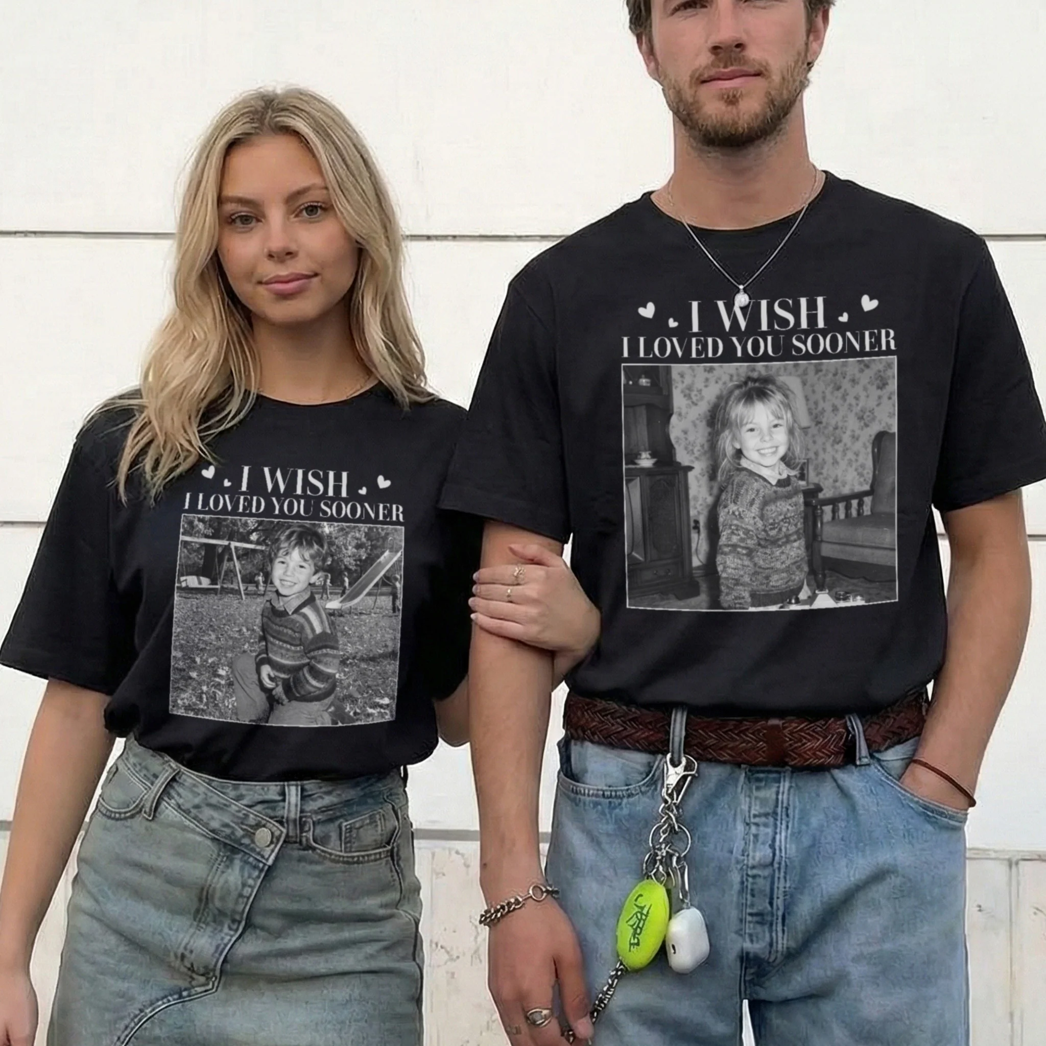 Custom Childhood Photo Of Him, Her - Personalized Photo Couple Matching Comfort Tee - Image 2