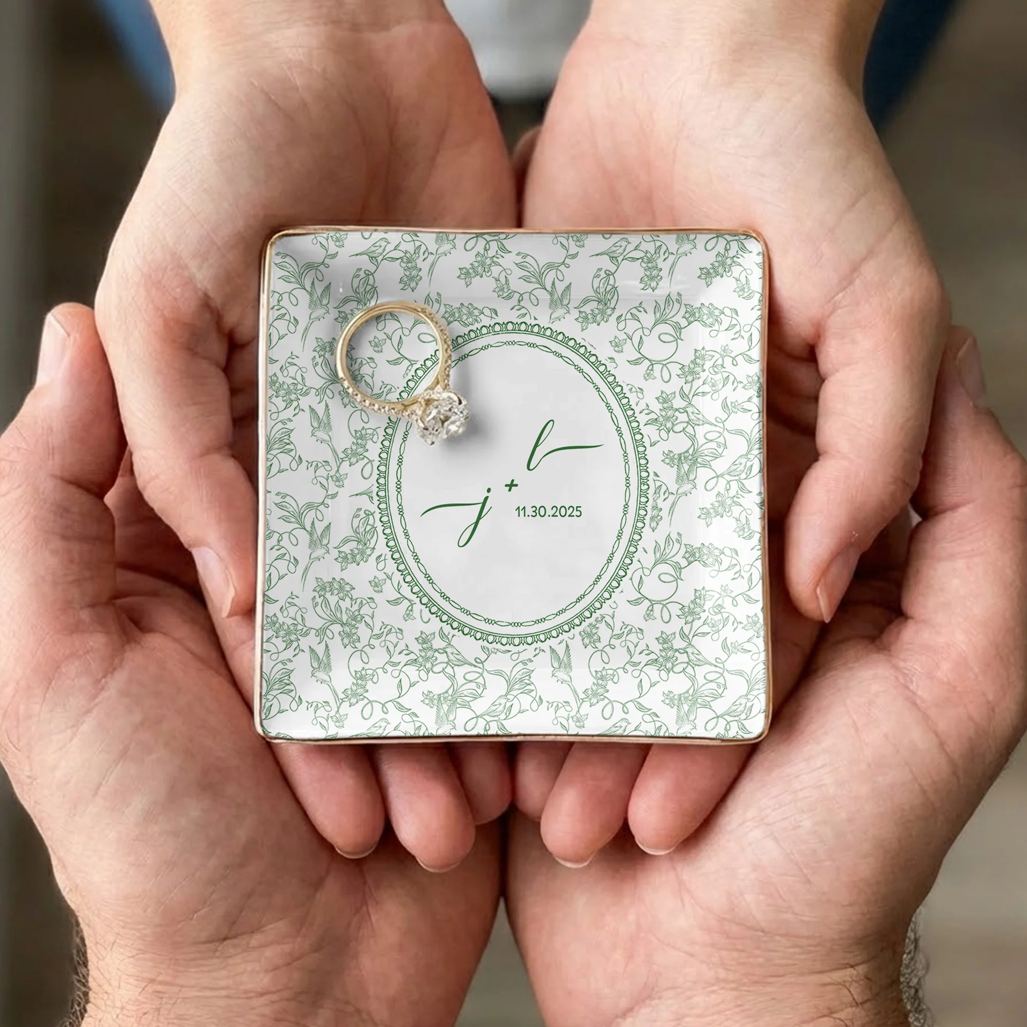 Custom Couple Initials & Date Toile De Jouy Ring Dish - Personalized Jewelry Dish - Image 2