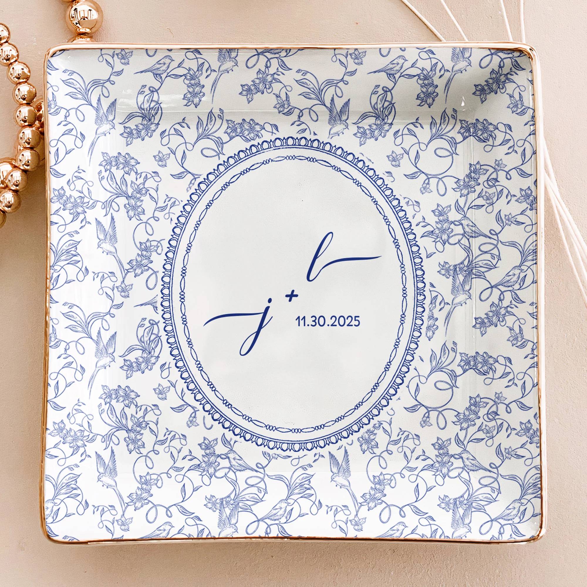 Custom Couple Initials & Date Toile De Jouy Ring Dish - Personalized Jewelry Dish - Image 3