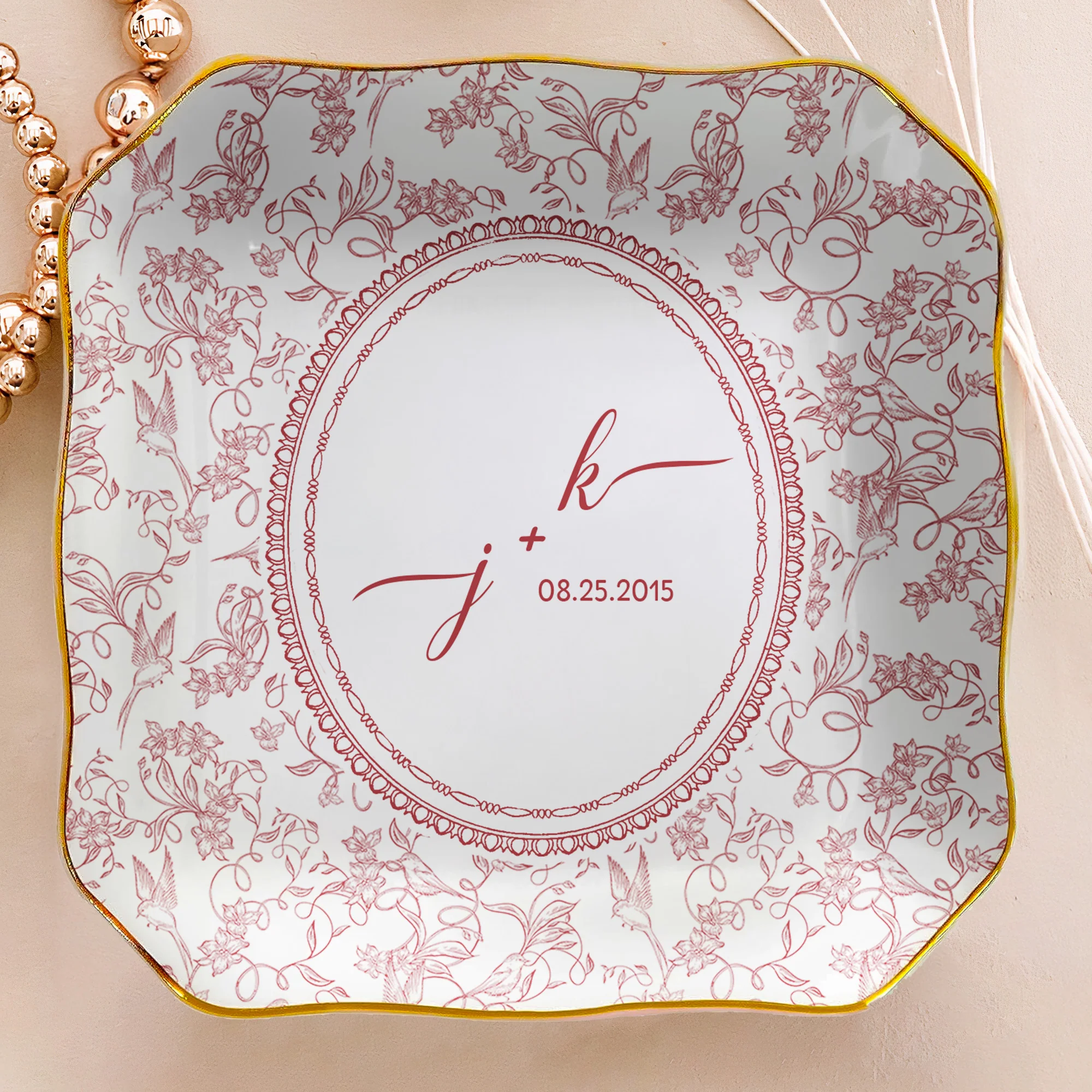 Custom Couple Initials & Date Toile De Jouy Ring Dish - Personalized Jewelry Dish - Image 4