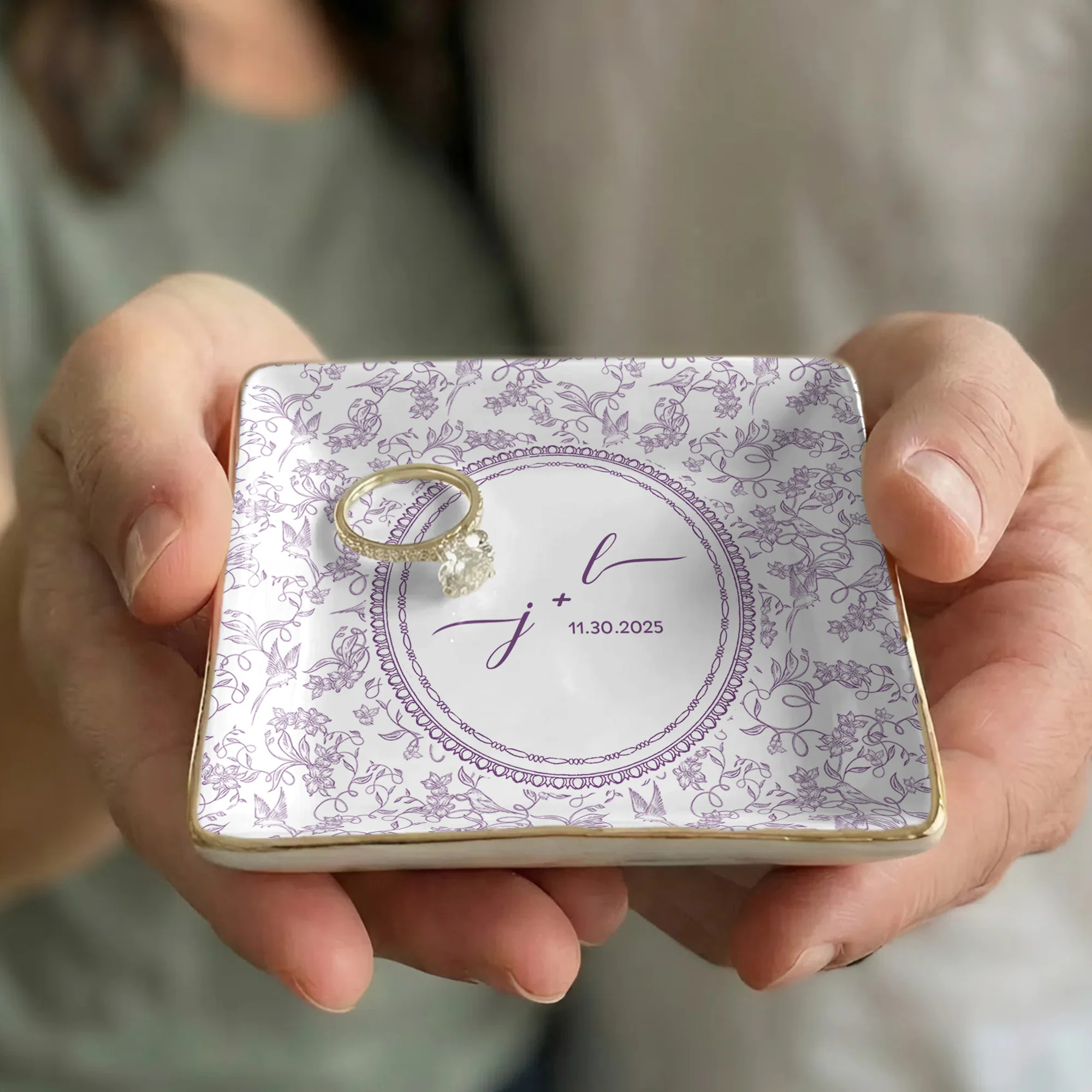 Custom Couple Initials & Date Toile De Jouy Ring Dish - Personalized Jewelry Dish - Image 6