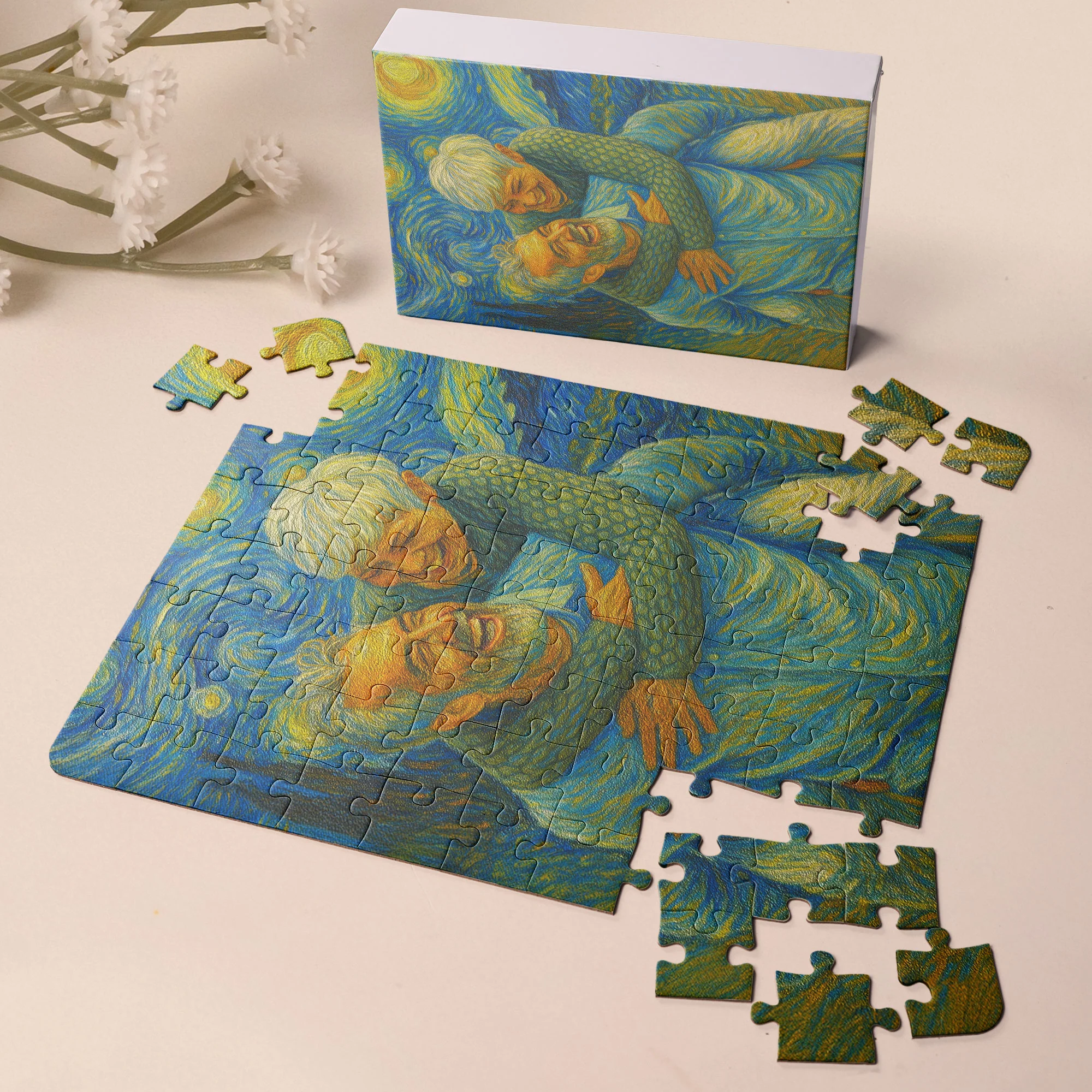 Custom Couple Portrait Van Gogh Art - Personalized Photo Jigsaw Puzzle - Image 2