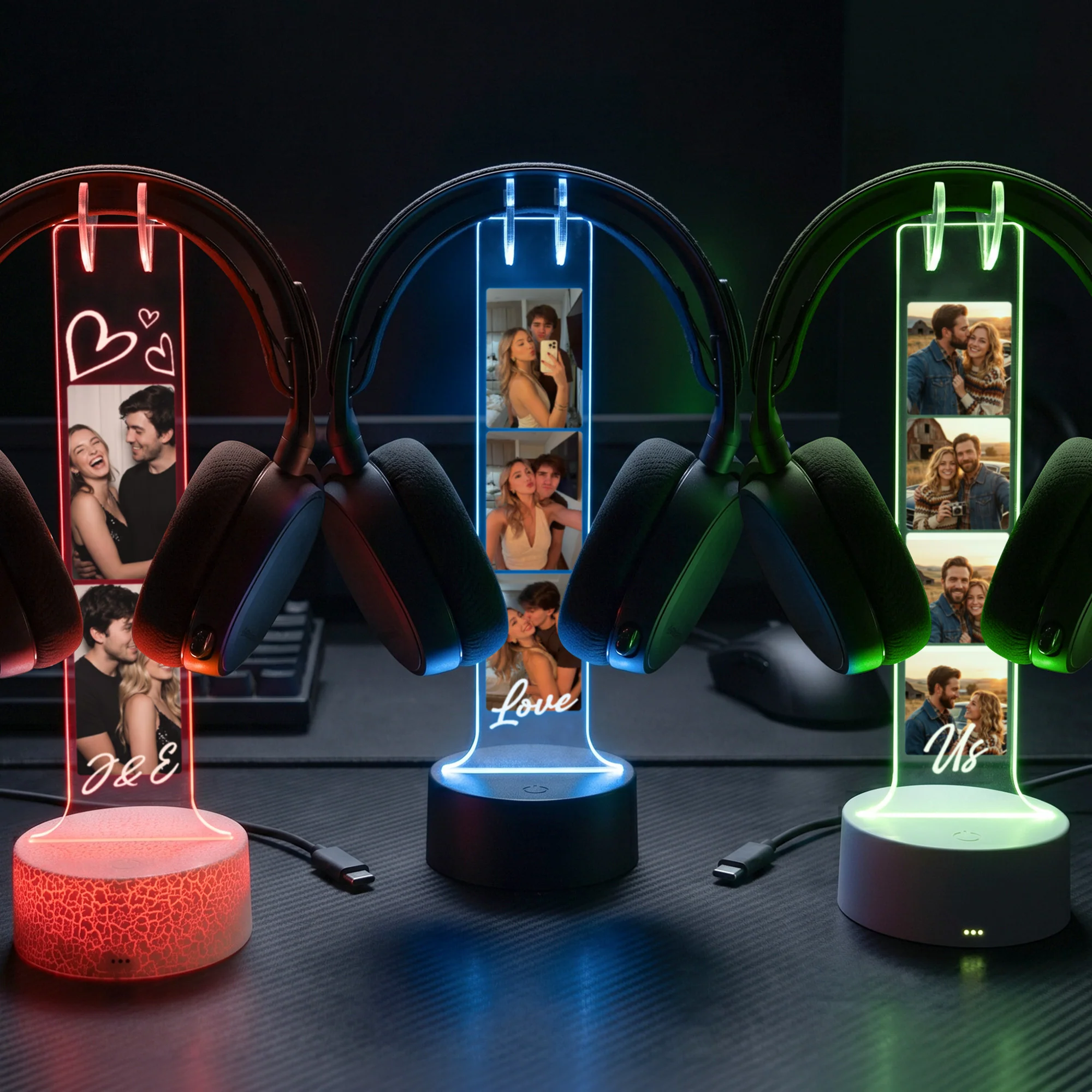 Custom Couples Photo & Message For Him, Her - Personalized Headphone Stand - Image 2