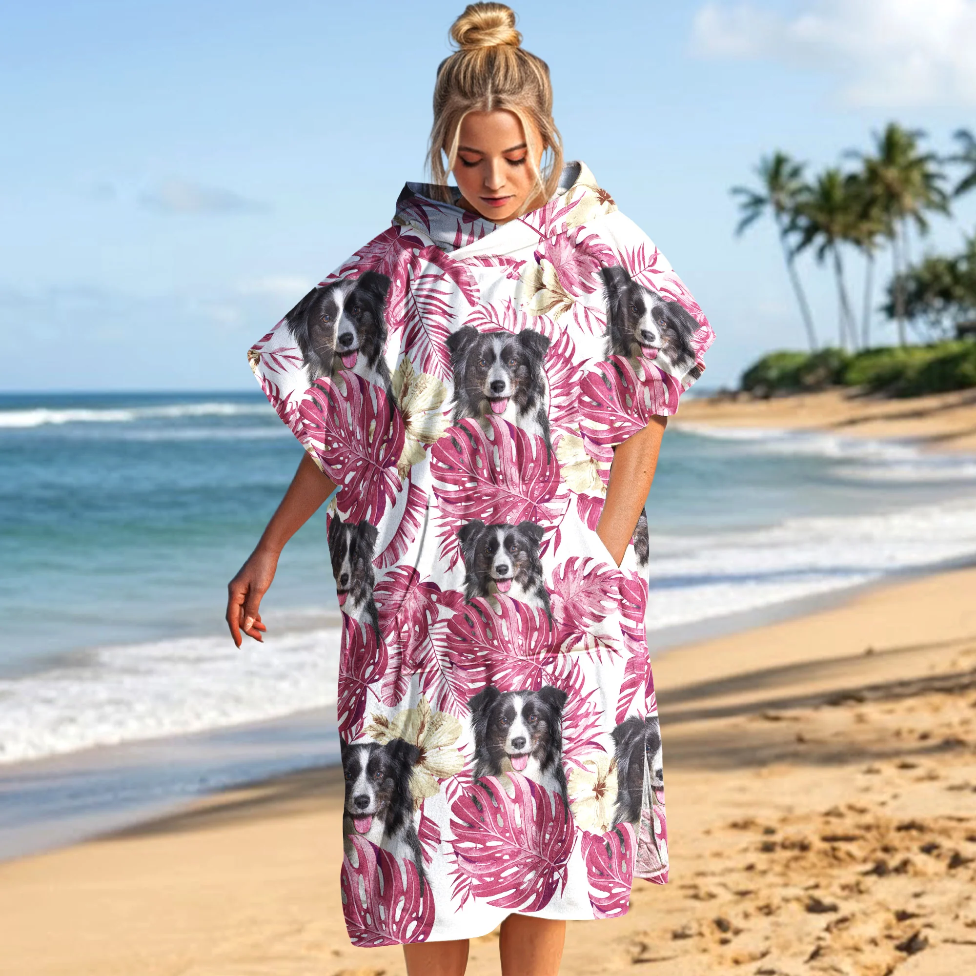 Custom Dog Face, Hawaiin Pattern - Personalized Beach Towel - Image 2