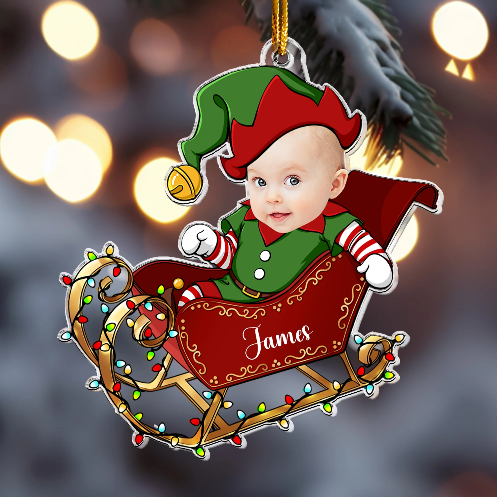 Custom Face Adorable Baby With Santa Sleigh - Personalized Acrylic Photo Ornament - Image 4