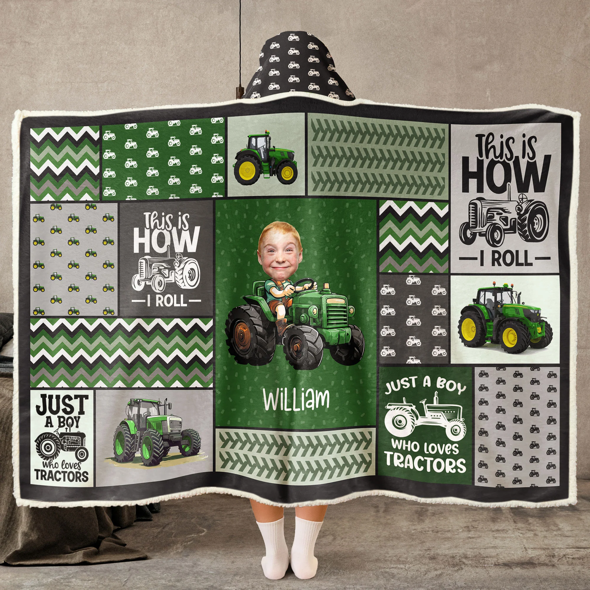 Custom Face Boy Loves Tractors - Personalized Photo Wearable Blanket Hoodie - Image 2