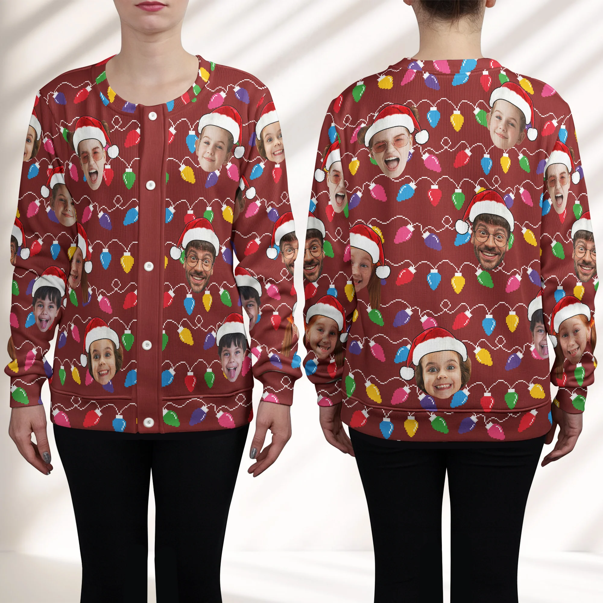 Custom Face Christmas Family Silly Xmas Leds - Personalized Photo Crewneck Cardigan - Image 2