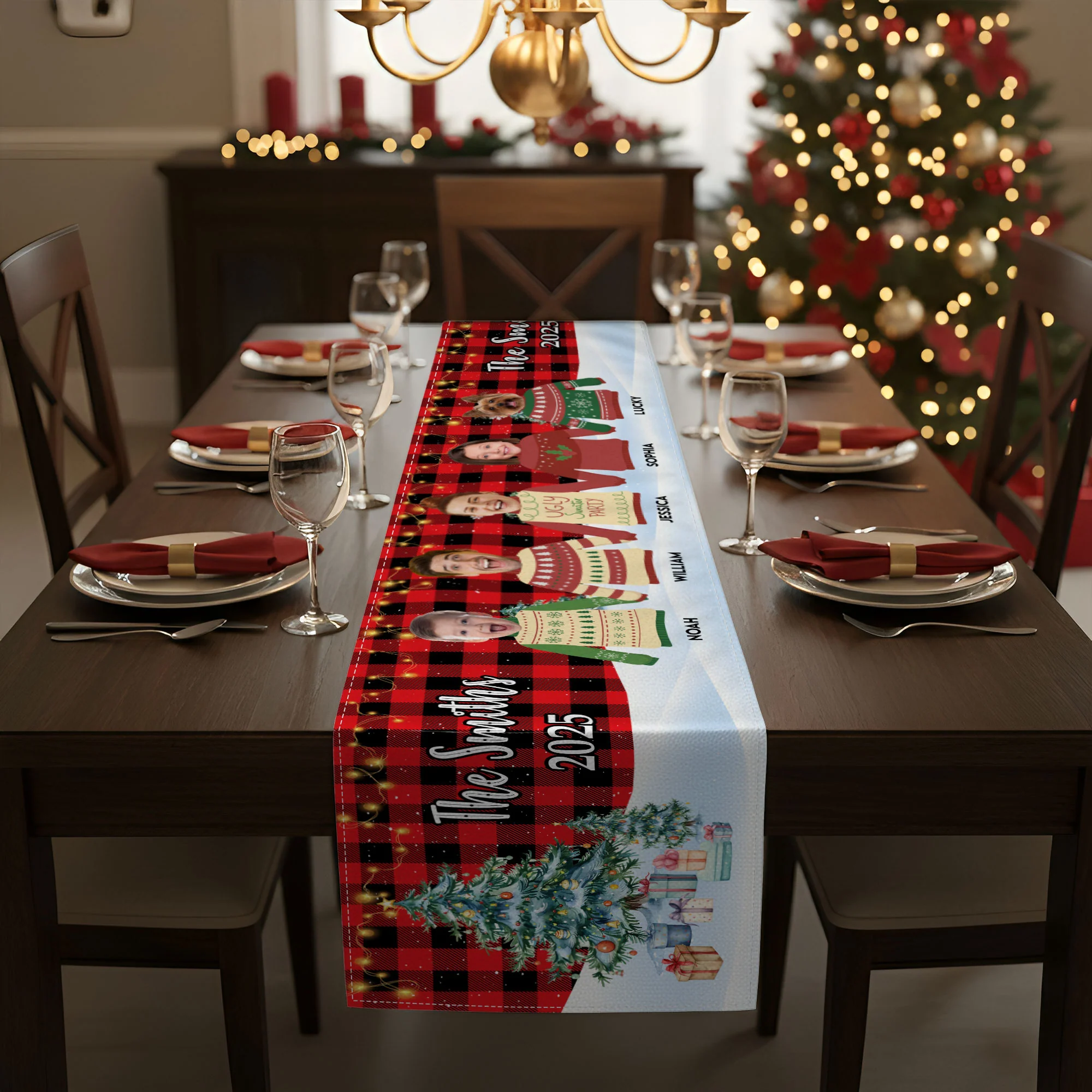 Custom Face Funny Festive Plant Buffalo Plaid - Personalized Photo Table Runner - Image 3
