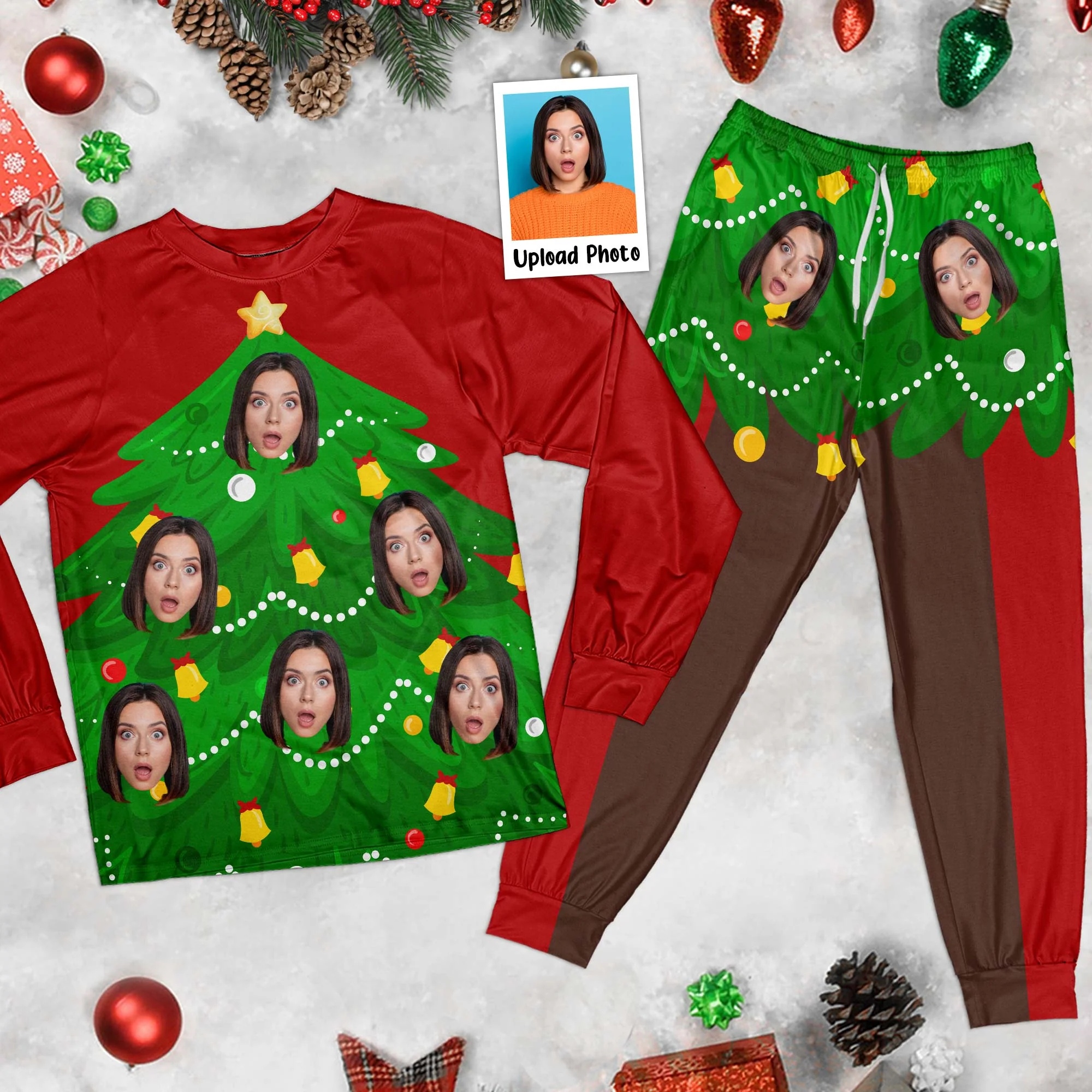 Custom Face Funny Living Christmas Tree - Personalized Photo Pajama Set